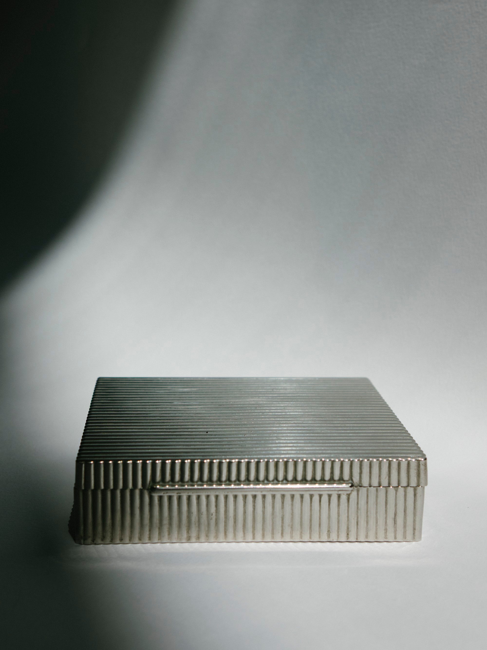 Mid-Century Italian Ribbed Silver-Tone Desk Box with Wood Interior — side angle