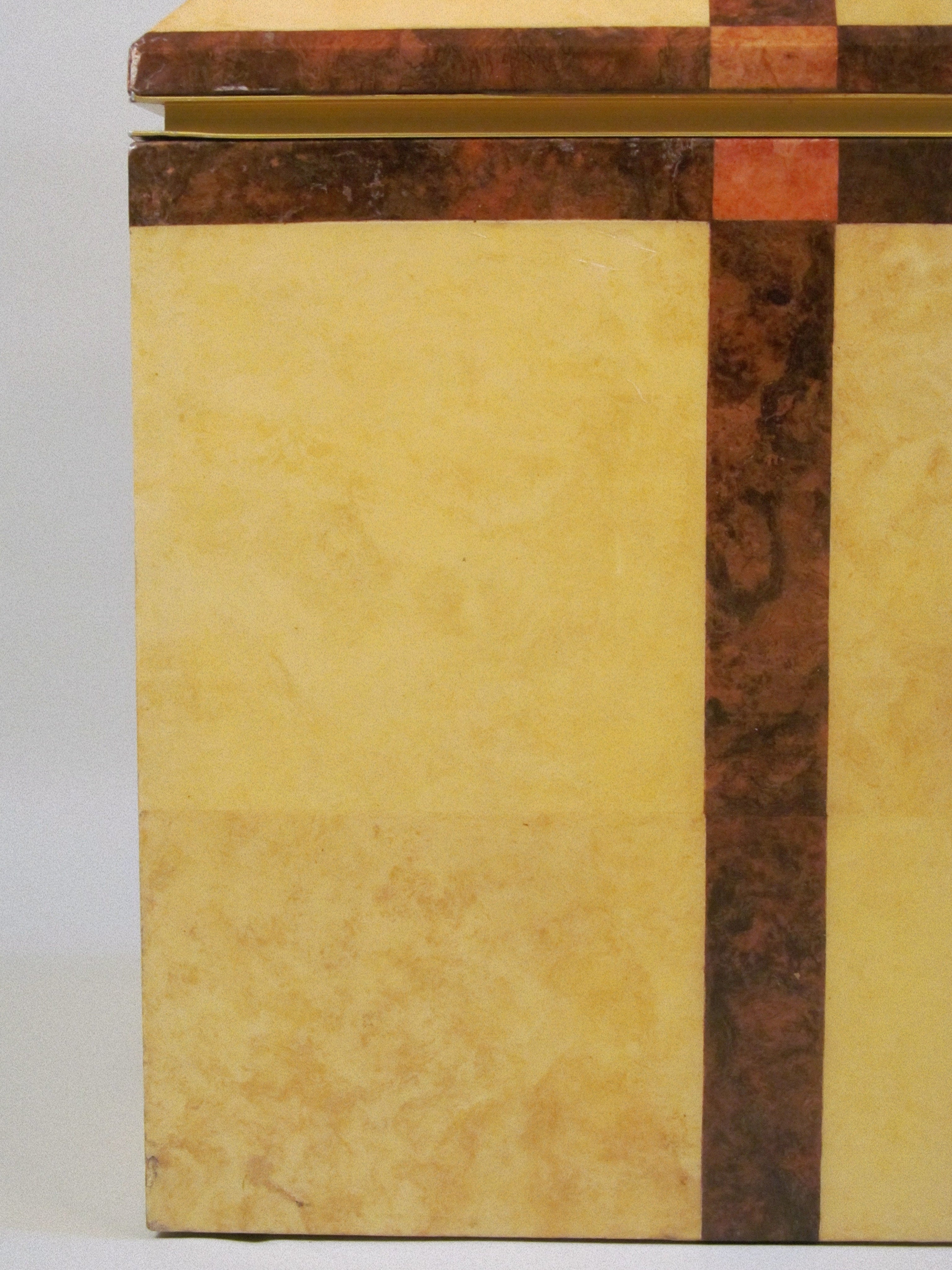 Lacquered Parchment and Walnut Cube, c.1980 — angled view highlighting yellow and brown materials