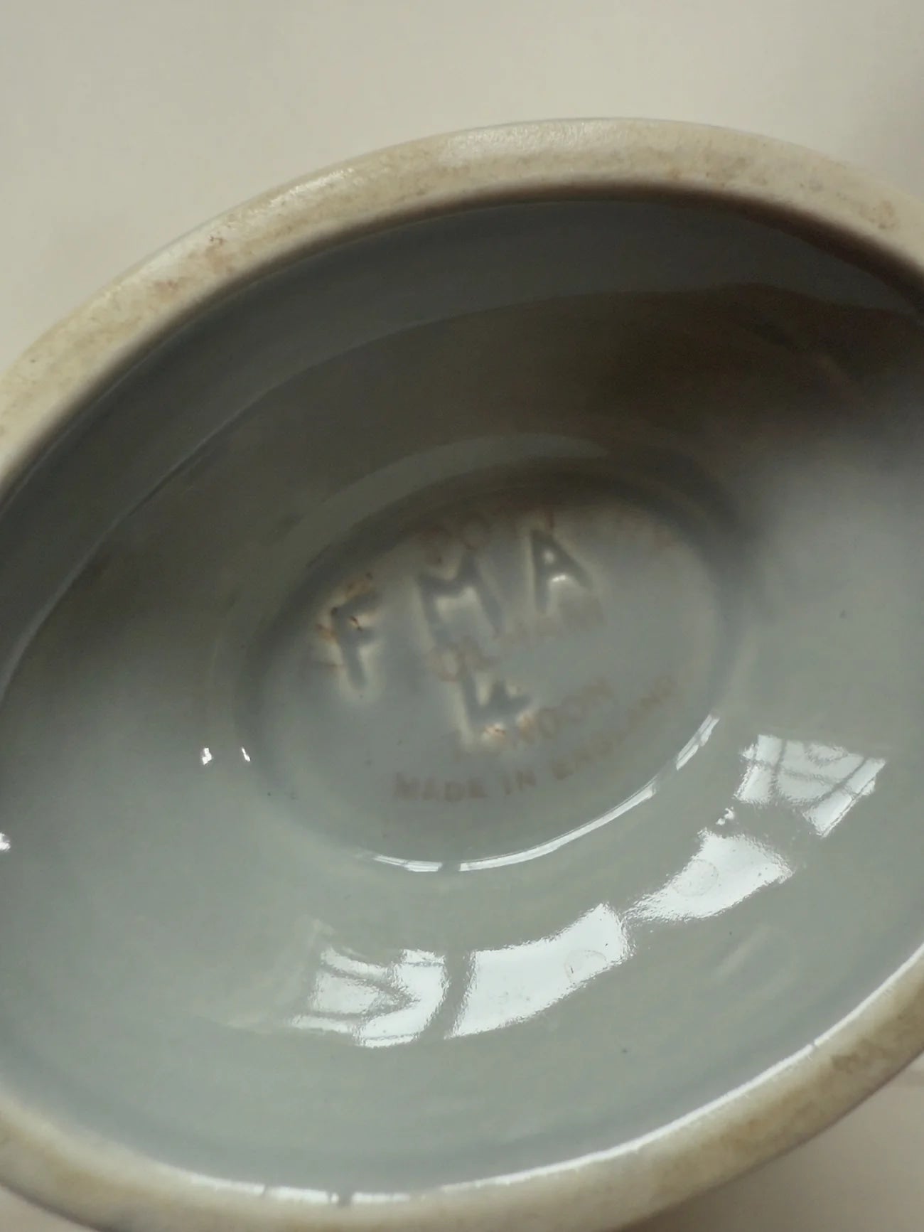Fulham Pottery Mantle Vase in Powder Blue, 1930s — interior view showing glossy glaze finish
