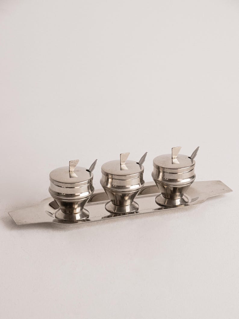 Vintage Polish Metal Condiment Set: Mid-century Kitchenware — detail view