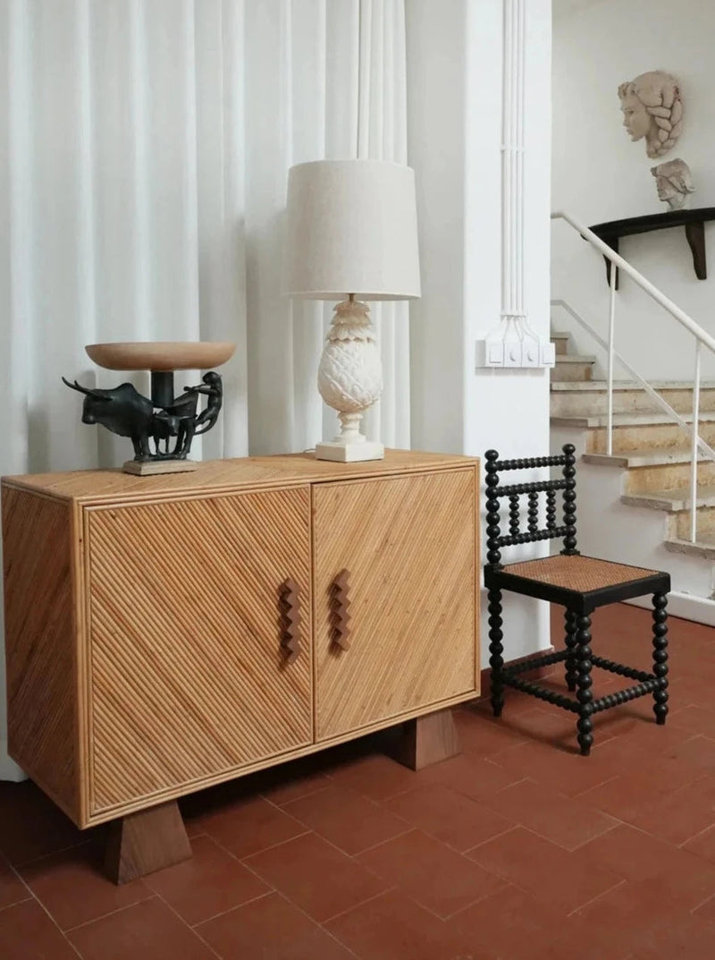 Arrabida Rattan and Walnut Sideboard — close-up of rattan texture and wooden handles