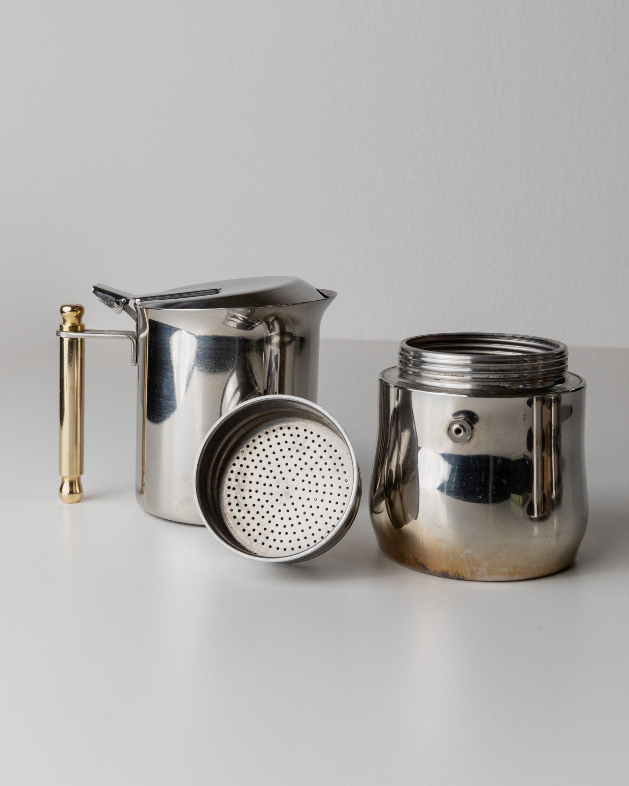Coffee Set by IMCO, Italy 80s — stainless steel pot with brass handle