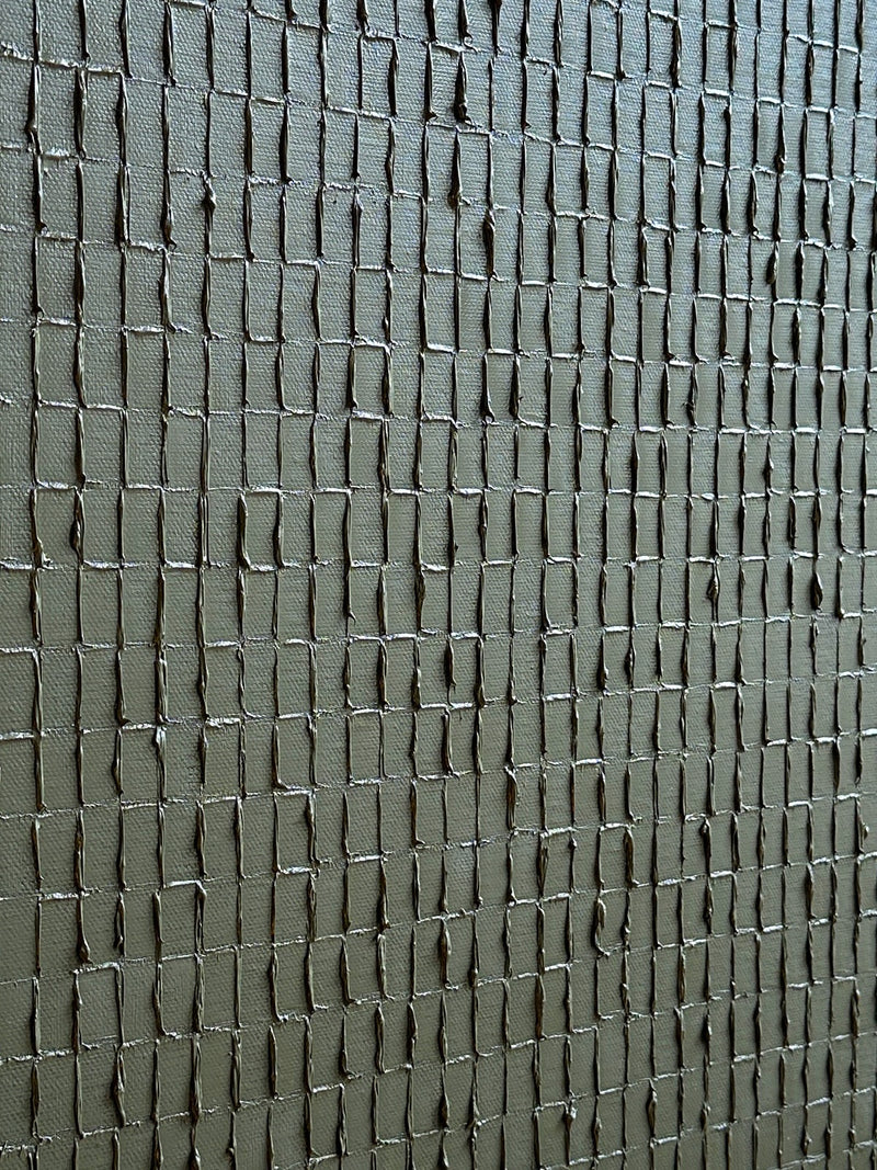 Textured olive green painting with raised square pattern detail