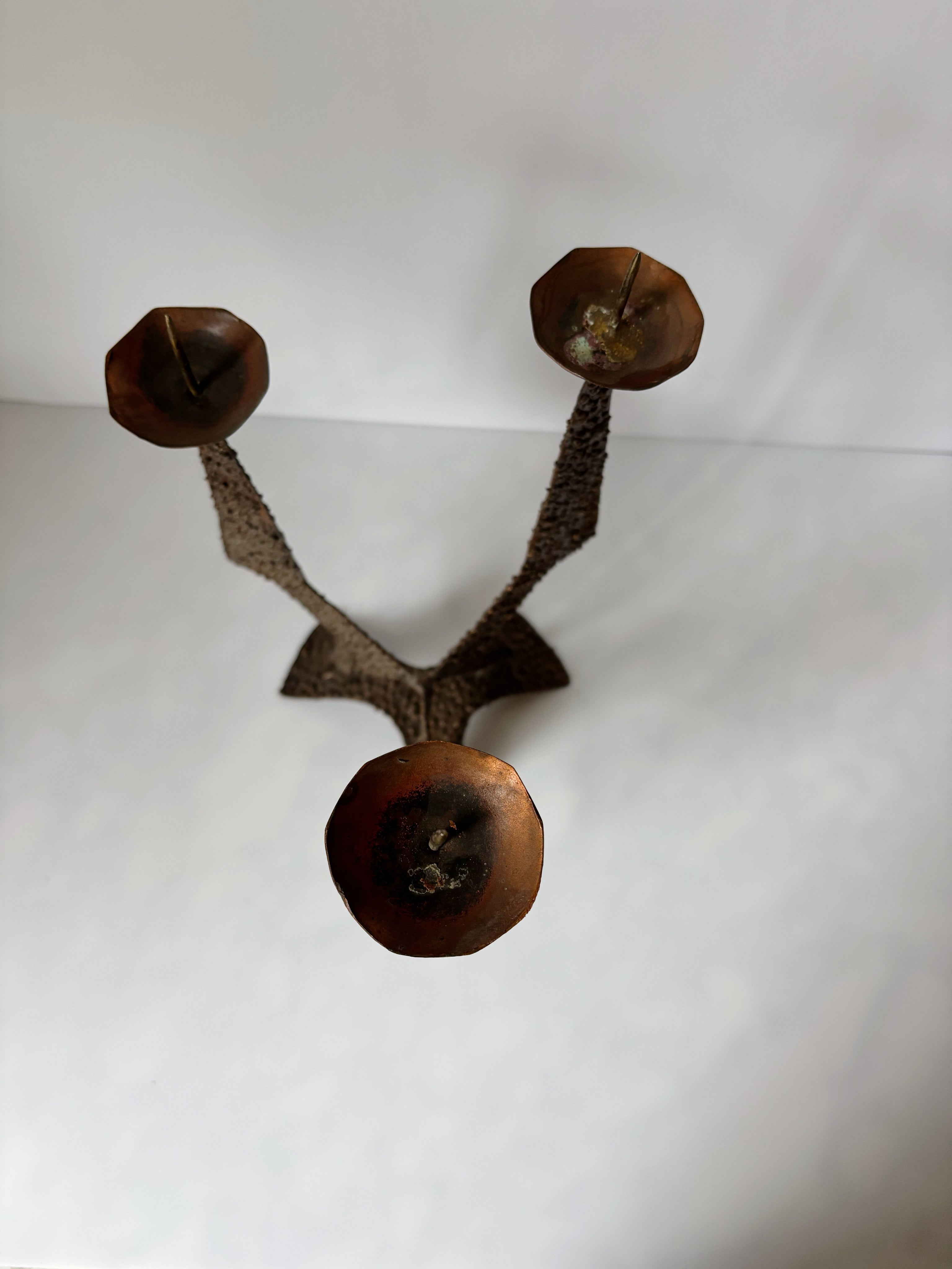 Large Brutalist Molten Metal Geometric Metal Candlestick, Poland Mid Century — lifestyle setting