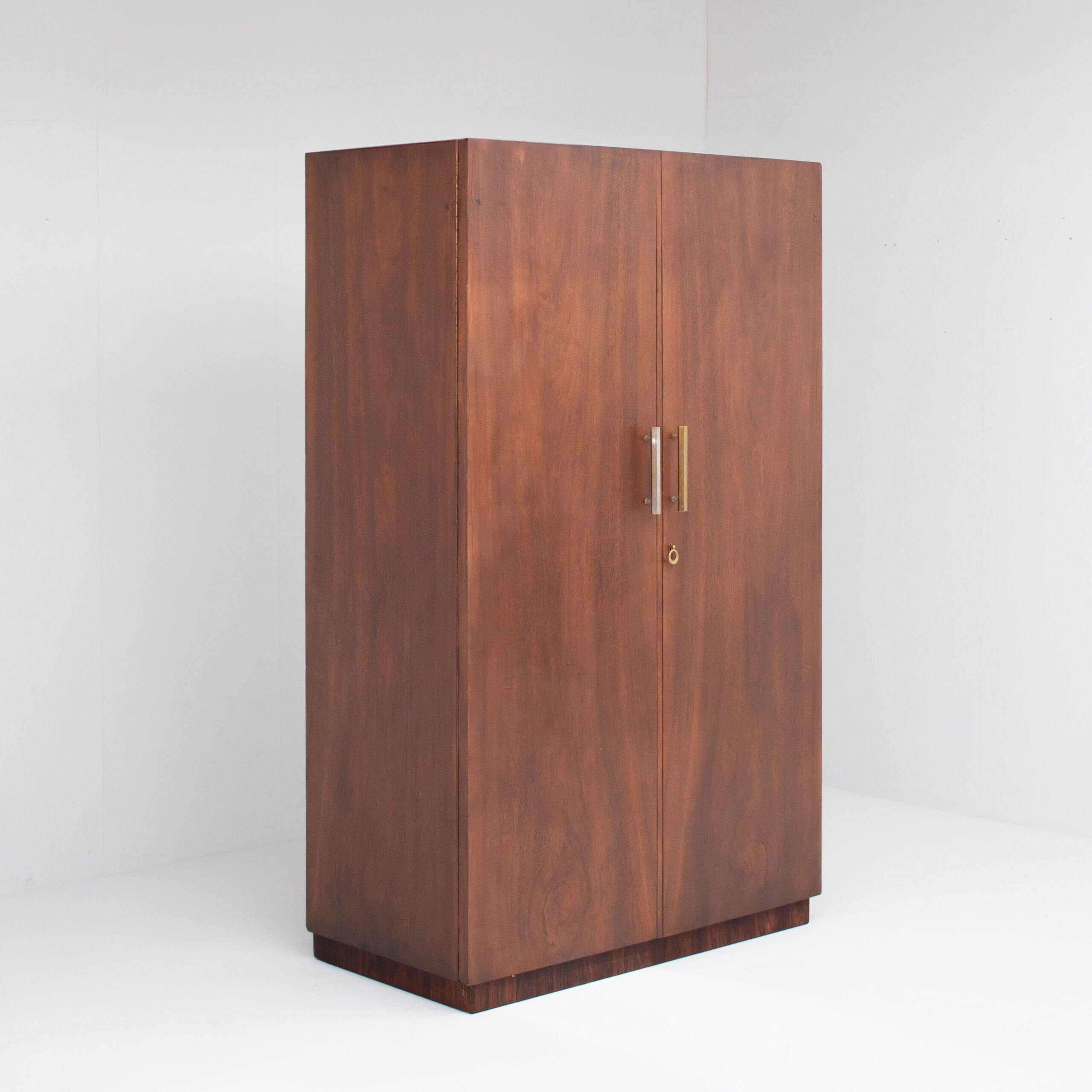 Mid-Century Walnut Wardrobe with Brass Handles — detail view