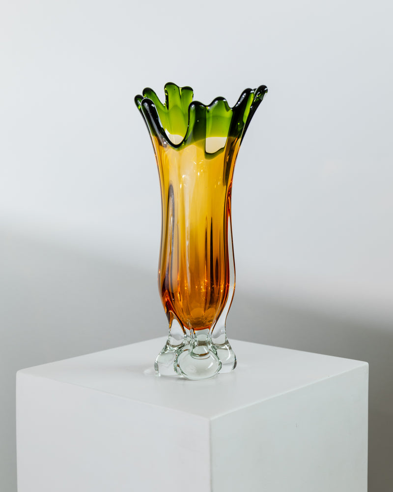 Amber and green Murano glass vase with fluted crown rim detail
