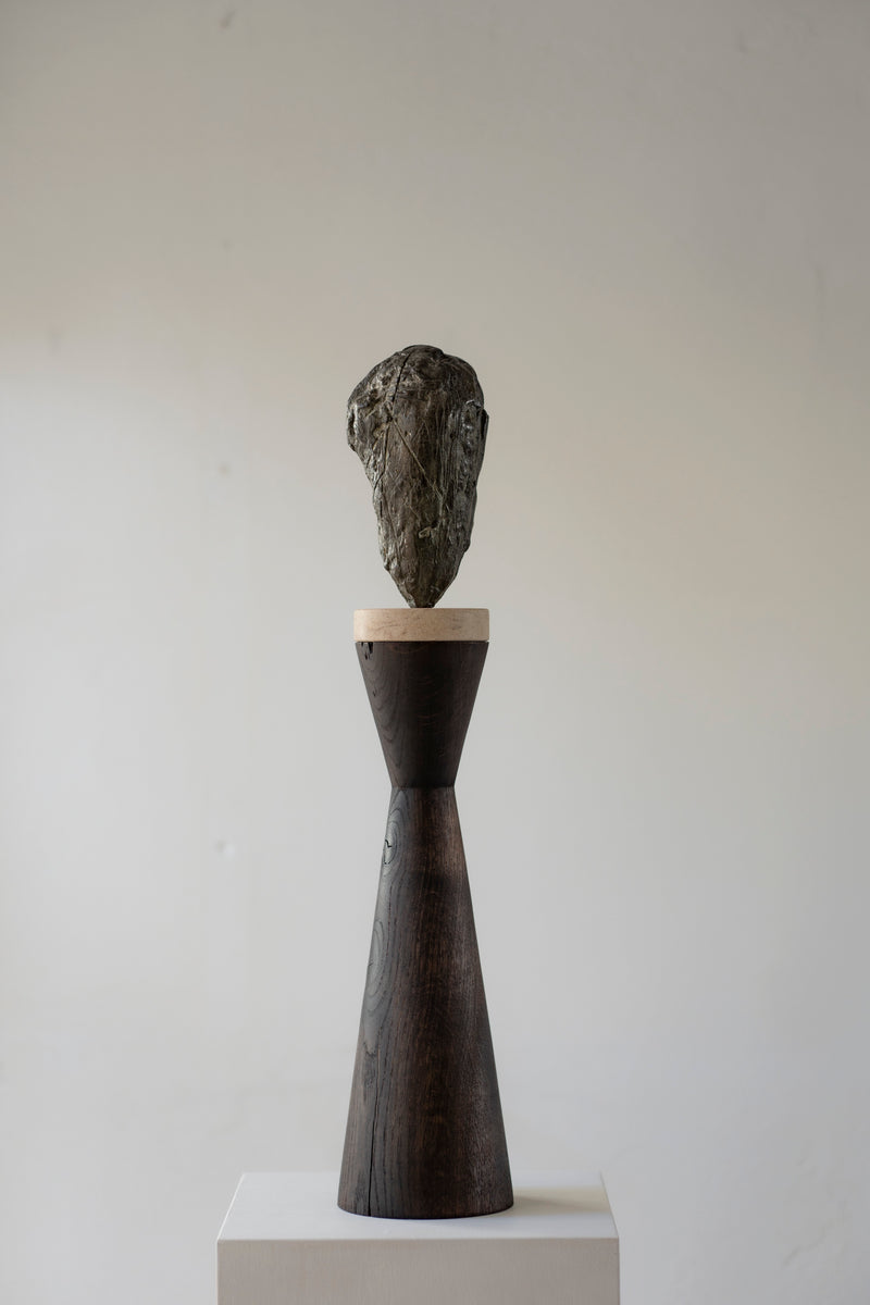 Standing Head | Bronze, Stone & Oak Sculpture by Clark Broadwood-Smith | The Oblist — handcrafted bronze and stone