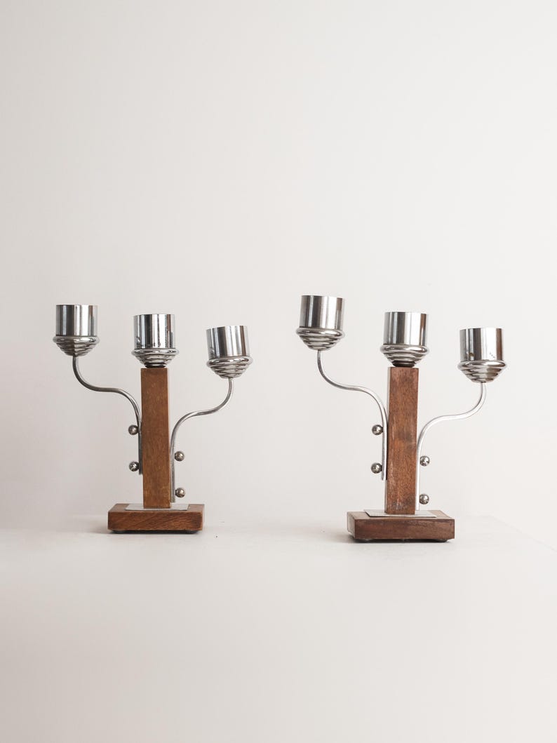 Art Deco Candle Holders Pair, Vintage Metal and Wood Candlesticks — lifestyle setting