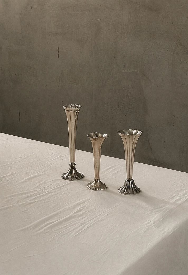 1930s French Vintage Fluted Silver-Plated Art Deco Vases (Set) — detail view