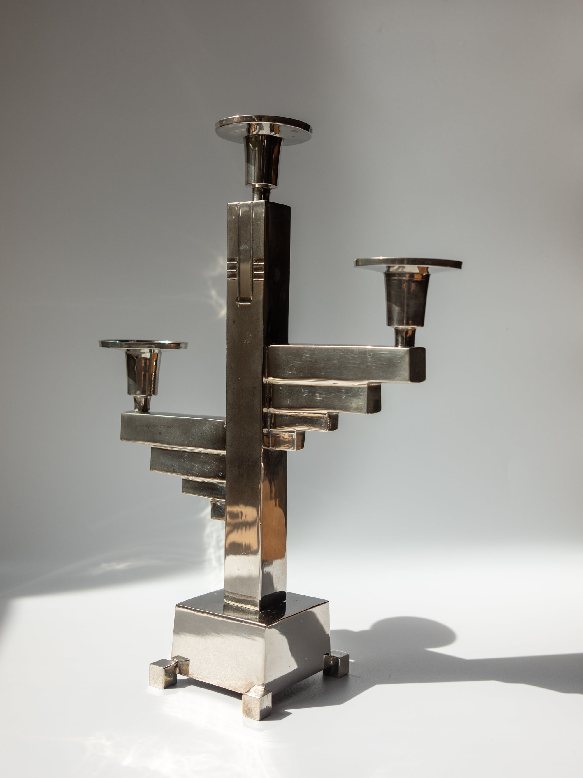 Bauhaus-Inspired Three-Arm Candelabra in Chrome-Plated Metal Germany, c. 1930 - 1950s by Trove Paris | The Oblist