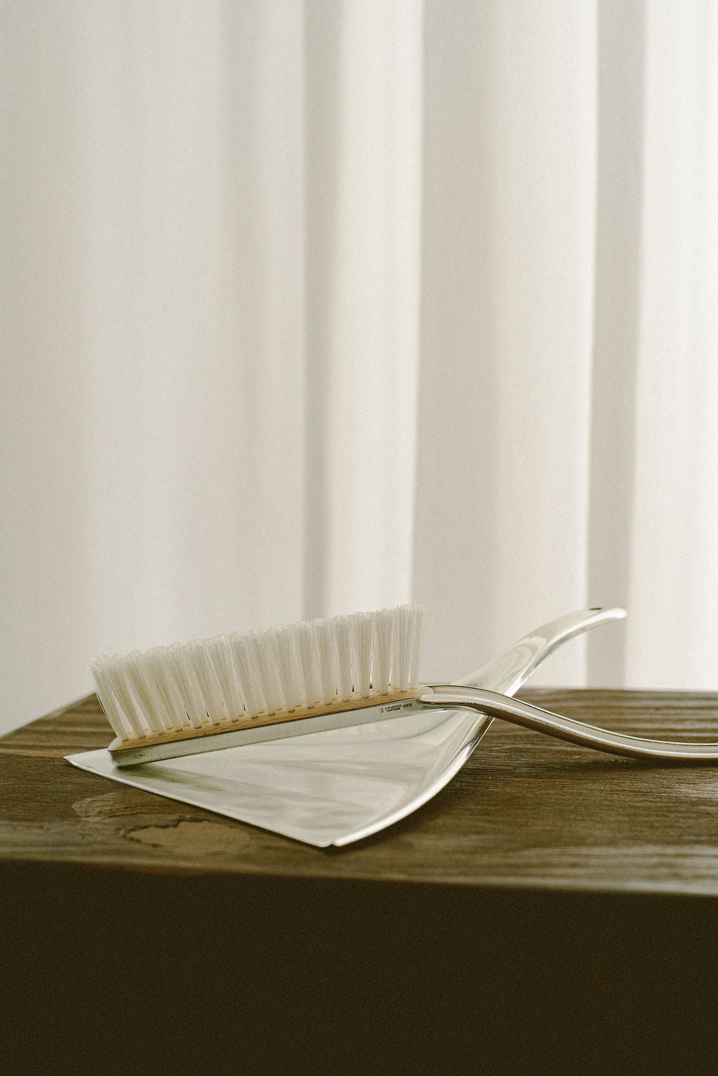 WMF Ikora Table Pan & Brush — close-up of polished metal on wooden surface