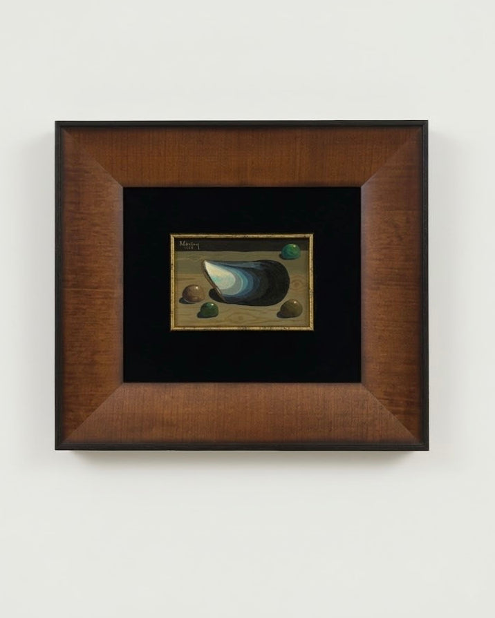 Still Life with Blue Mussel and Stones, 1968 by Médecine | The Oblist — dark frame, contemporary colors