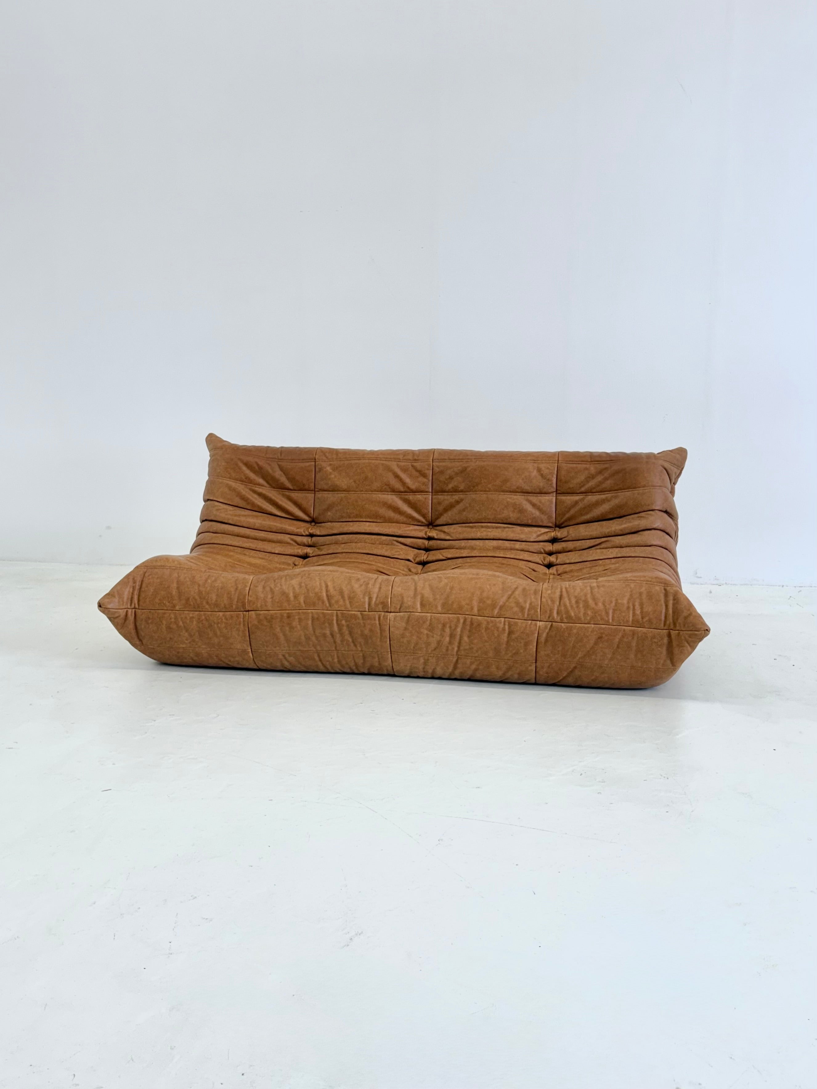 Ligne Roset Togo 3-seater in cognac leather — close-up