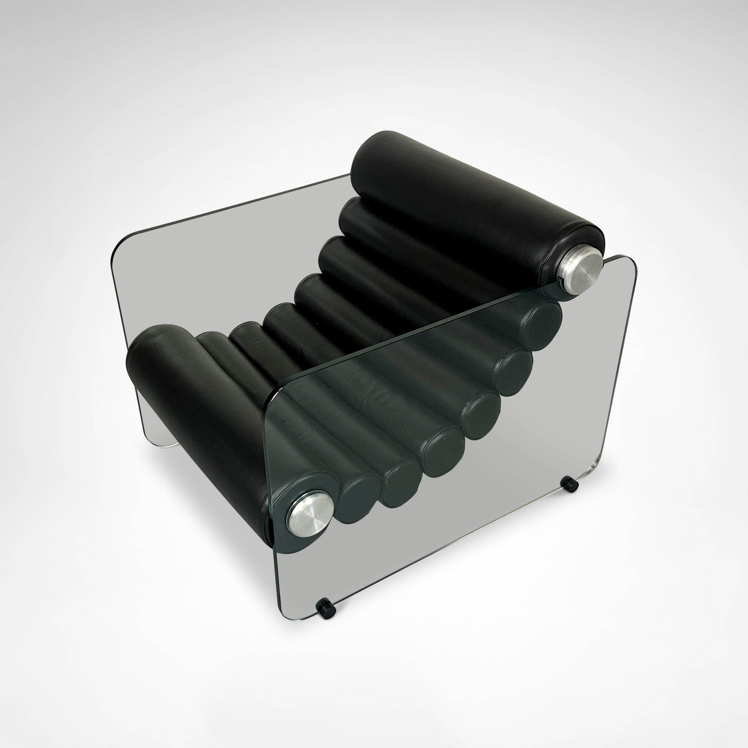 Hyaline leather and glass armchair by Fabio Lenci for Comfortline Italy 1960s — top view highlighting cylindrical black leath