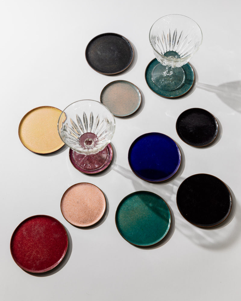 Vintage 1960s Enamel Coasters Set of 11 by Bottega Jacobs | The Oblist — colorful enamel, copper material