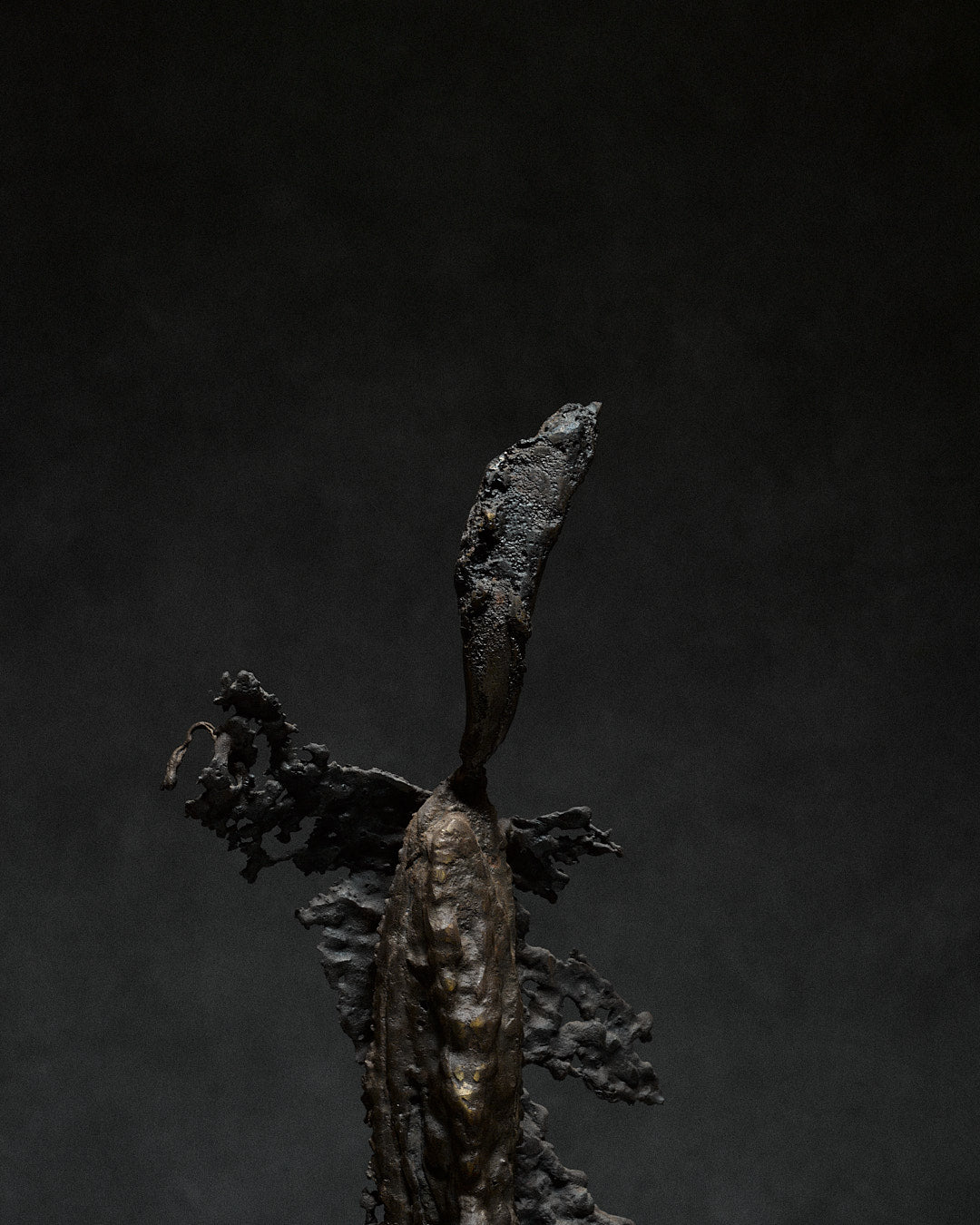 Skeletal Sculpture in Iron by Francois Saison — close-up of textured iron surface