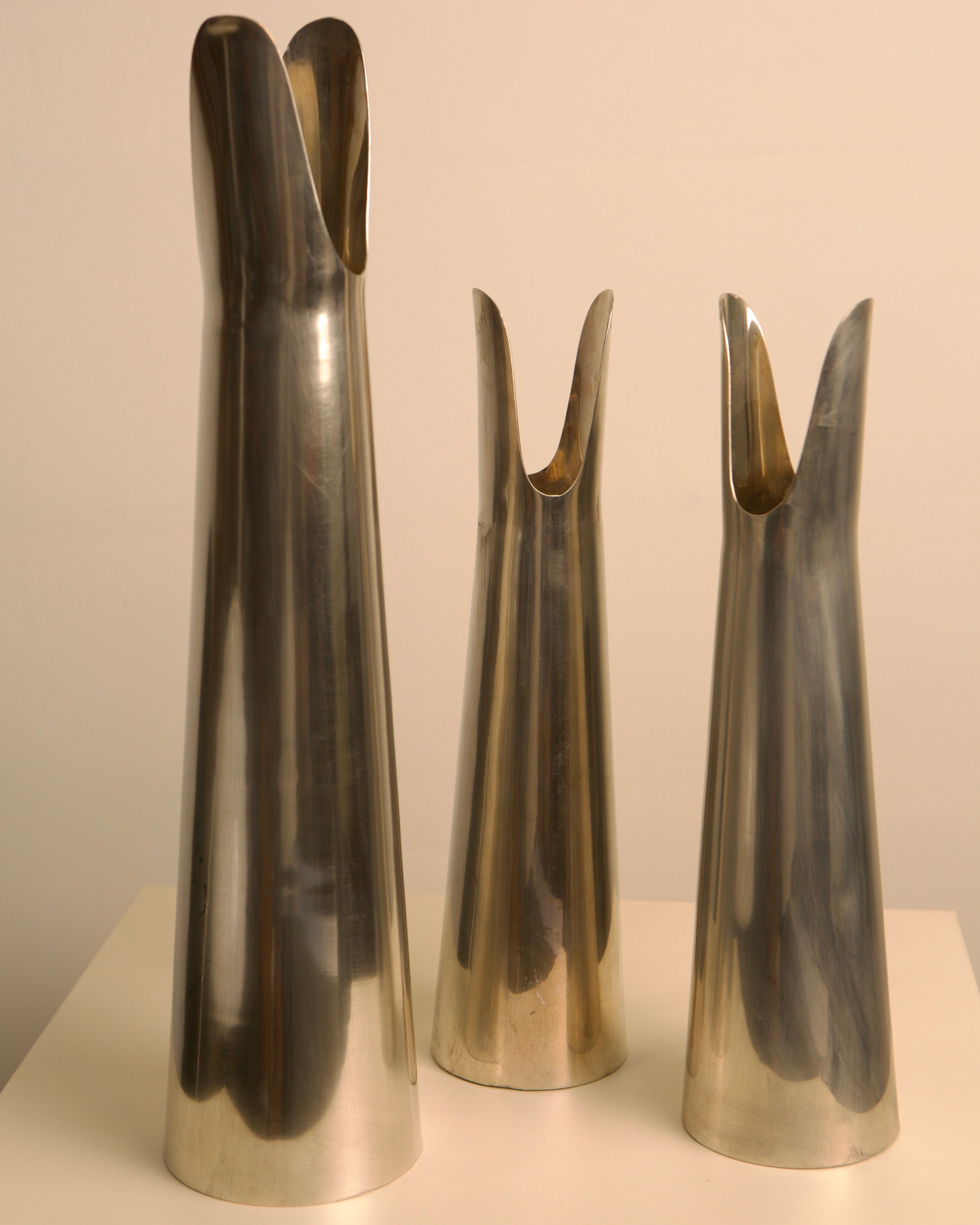 Set of 3 Italian "Organ" Vases in Silver Metal, 60s