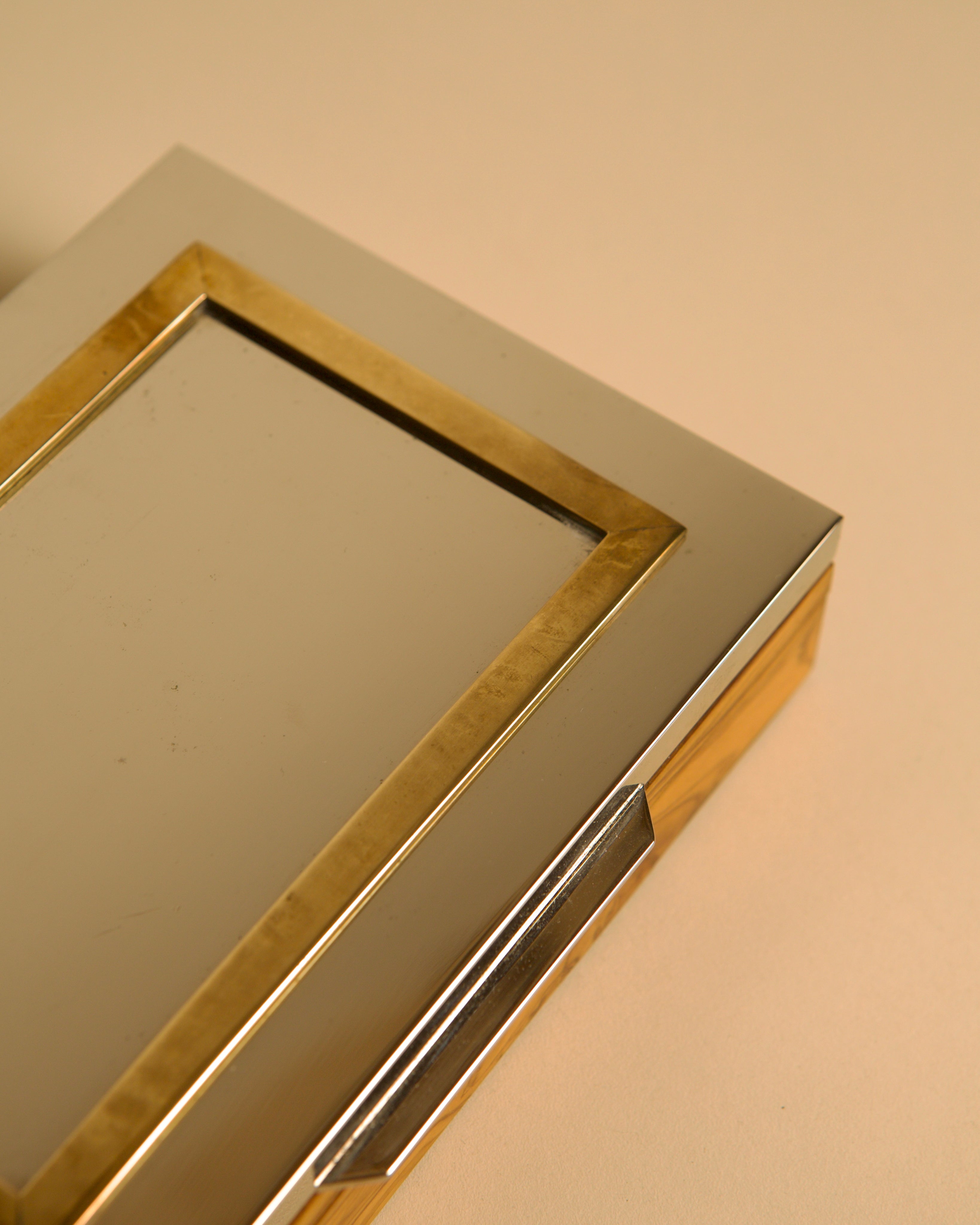 Italian box in metal, brass and solid olive wood, 1970s — back view highlighting brass trim and reflective surface