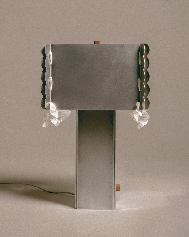 Contemporary Serwetka table lamp with scalloped mirror shade and white ribbons