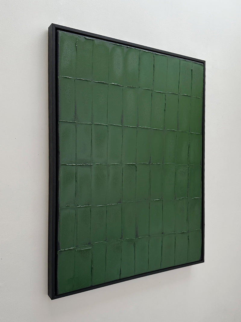 Terre Verte green textured painting with grid pattern by Roi Elmaliah