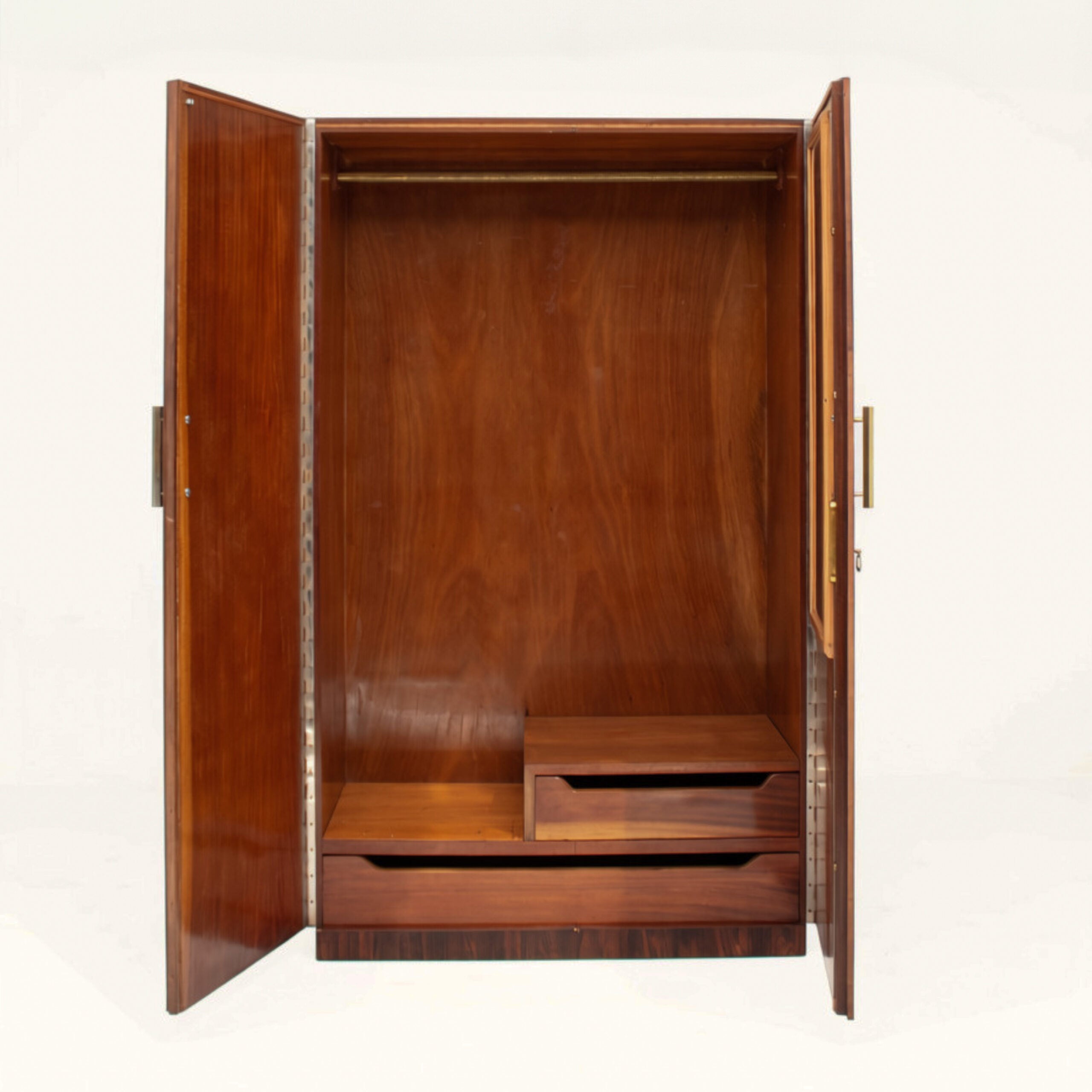 Mid-Century Walnut Wardrobe with Brass Handles — side angle