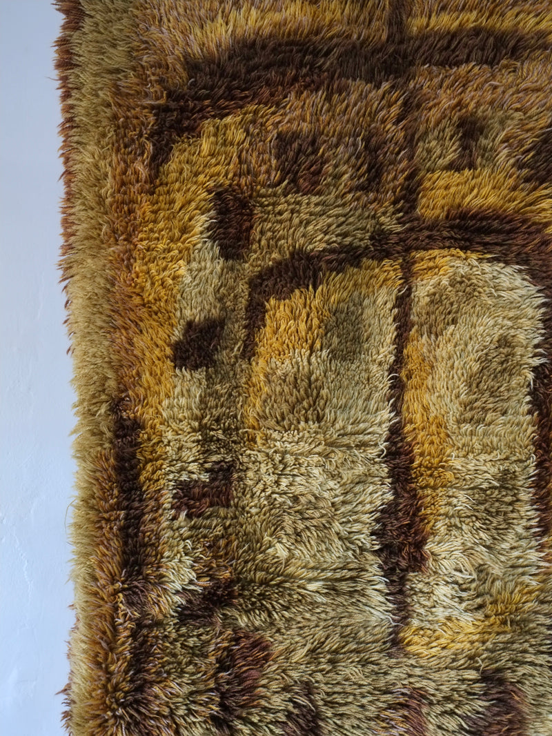 Vintage Swedish Brown Wool Rya Rug | 1960s — close-up of textured wool fibers