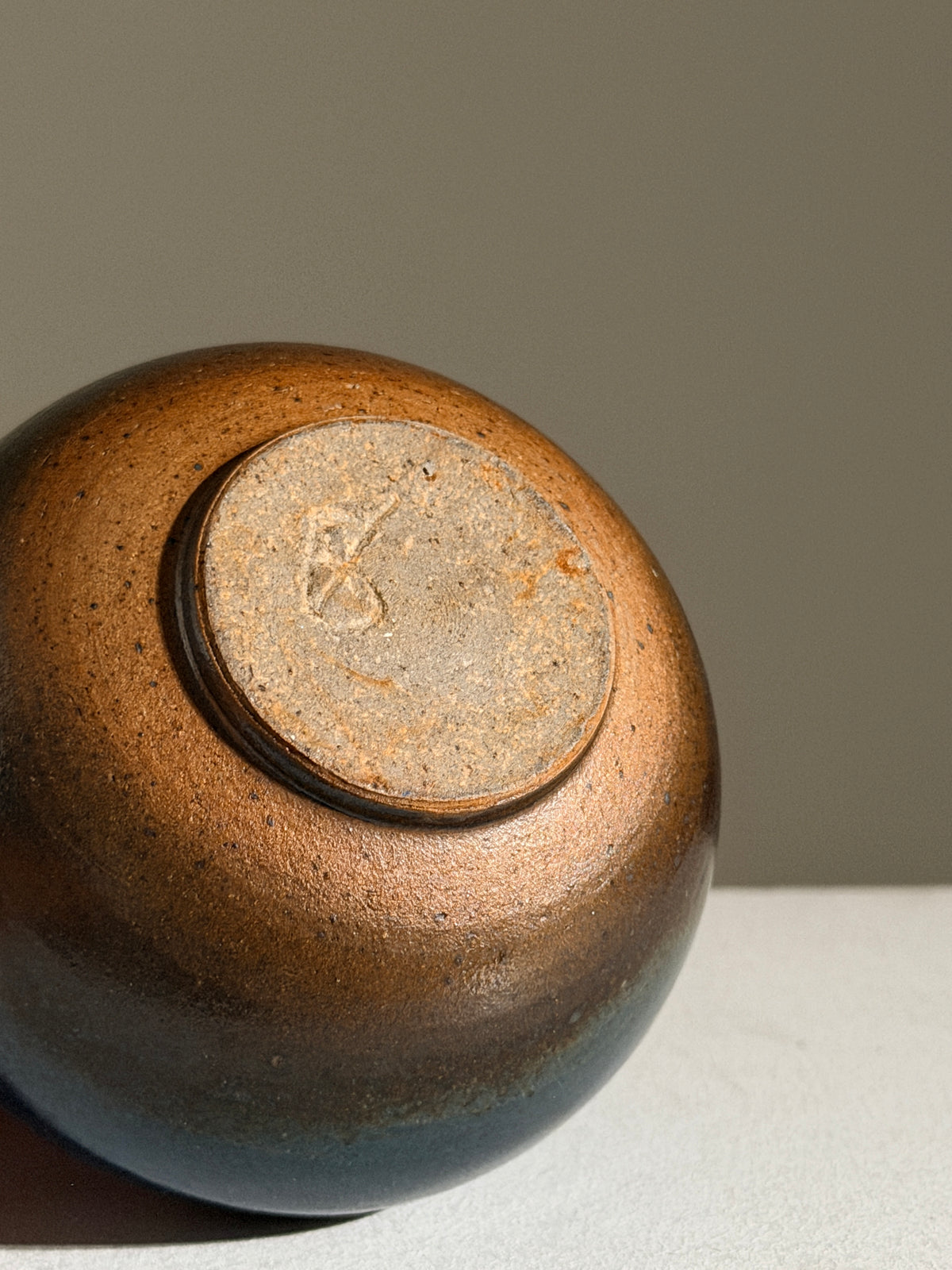 Small round stoneware soliflore vase, France, circa 1960.  — alternate view