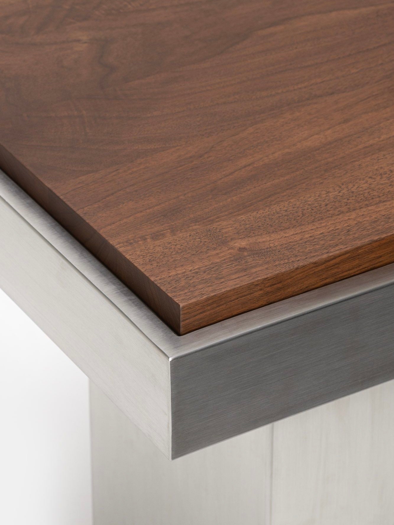 Console Table 02 — close-up of walnut top and metal edge