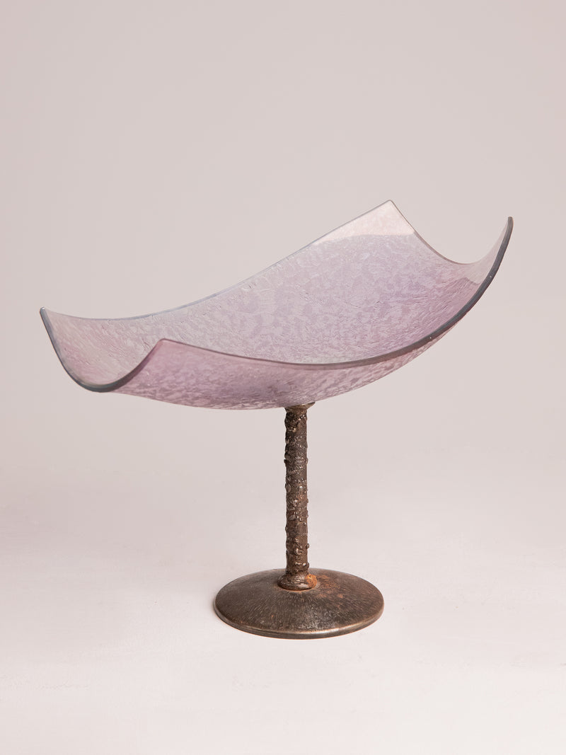 Vintage Janusz Tadeusz Bielski Footed Bowl in Metal and Glass — close-up of pink glass bowl with textured rim