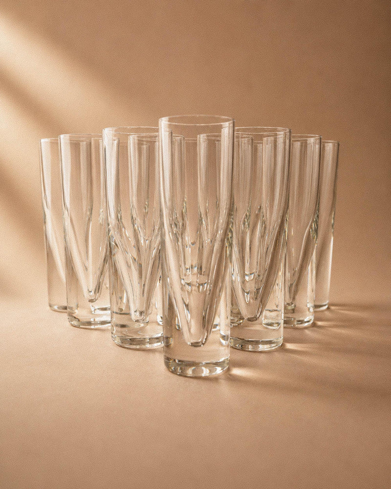 Vintage 1960s Drinking Glass Set of 12, Clear Murano Art Glass Design by Carlo Moretti Model Bullet, Italian Tableware, Elegant Gift Idea by Bottega Jacobs