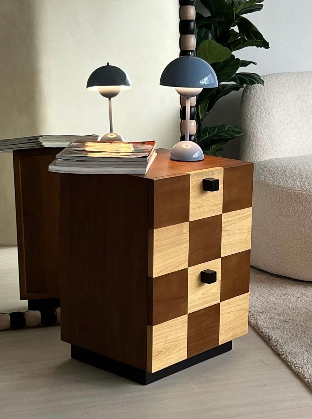 Coklat Night Stand — side angle with two-tone wood drawers