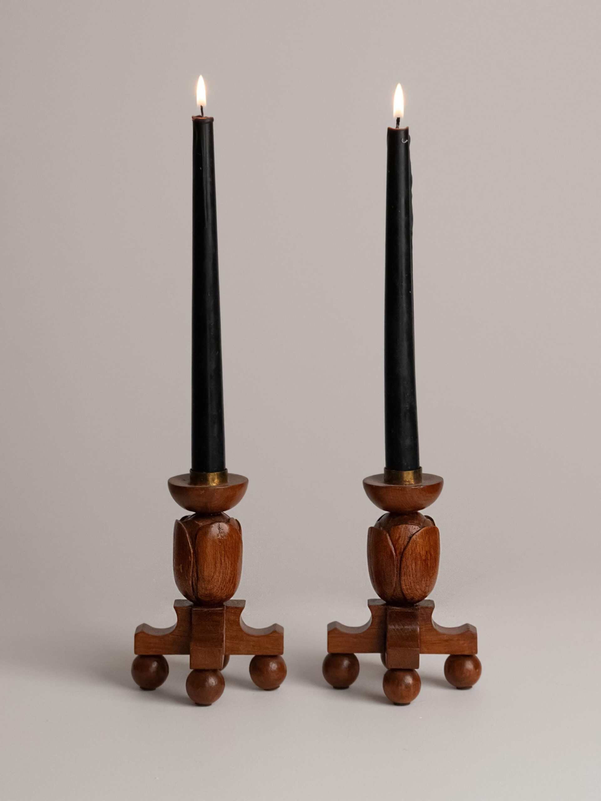 Vintage Hand-Carved Wooden Tulip Candlesticks, Mid-Century Scandinavian Folk Art, Pair by Studio Ecubed