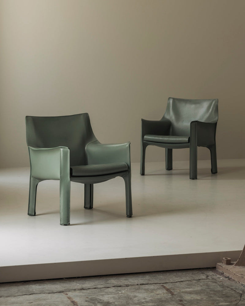 Rare Set of 8 CAB 414 Armchairs by Mario Bellini for Cassina – Sage Green Saddle Leather — detail view