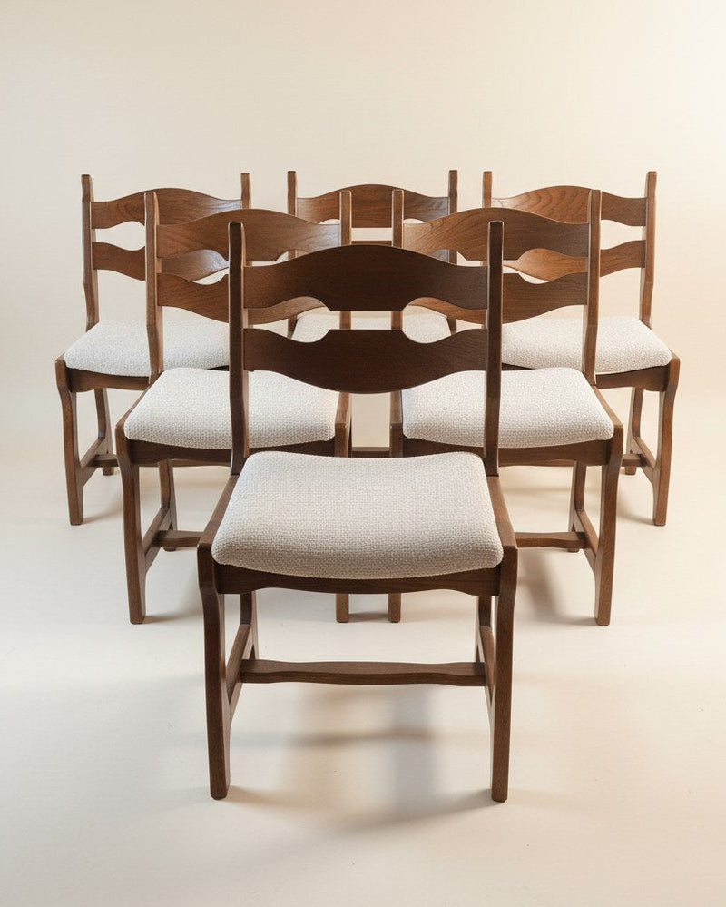 Set of six Mid-Century French oak dining chairs by Maud Vaughan | The Oblist — oak wood, upholstered seats