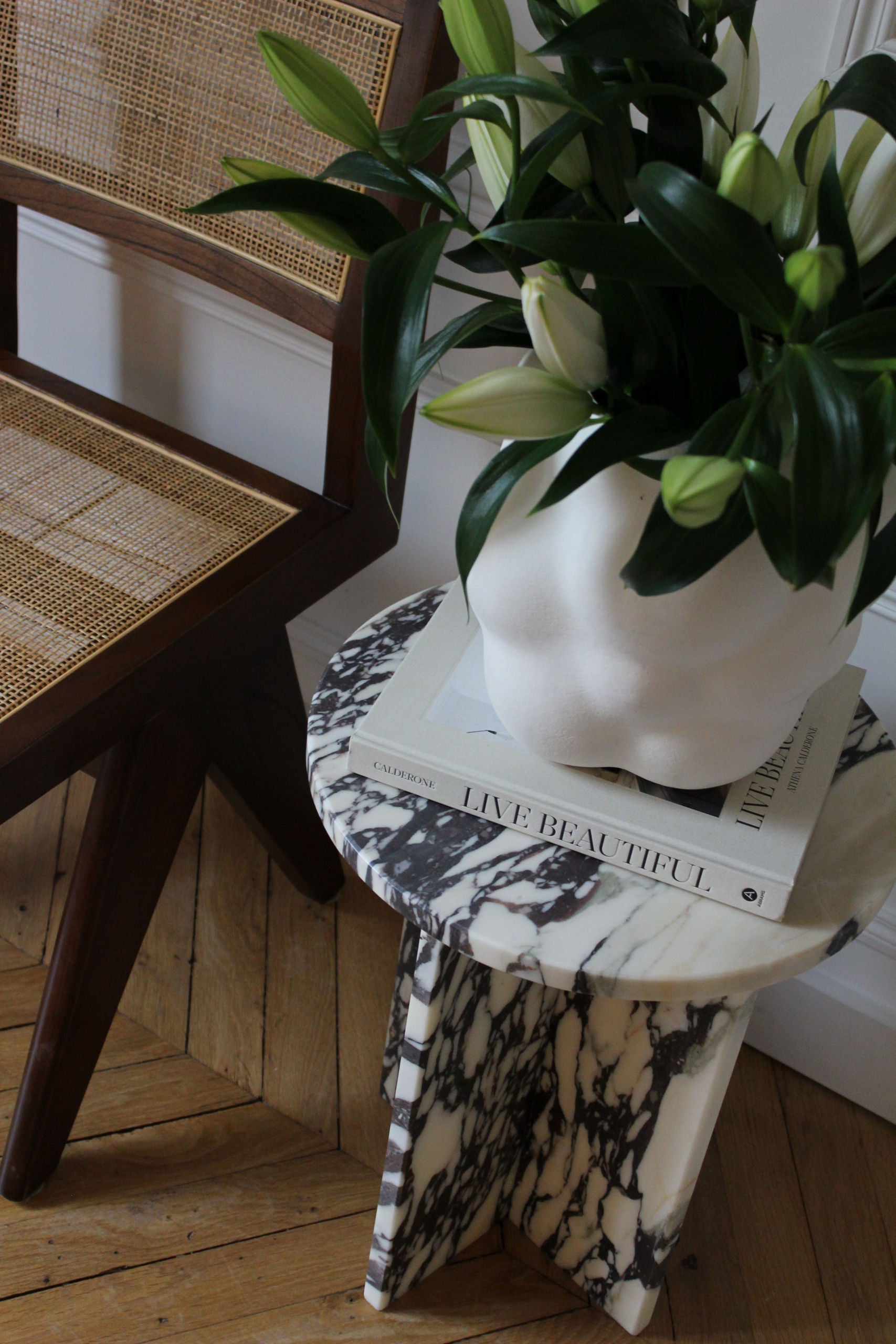Rosie Calacatta Viola Table – Sculptural Marble by Marbera — side angle