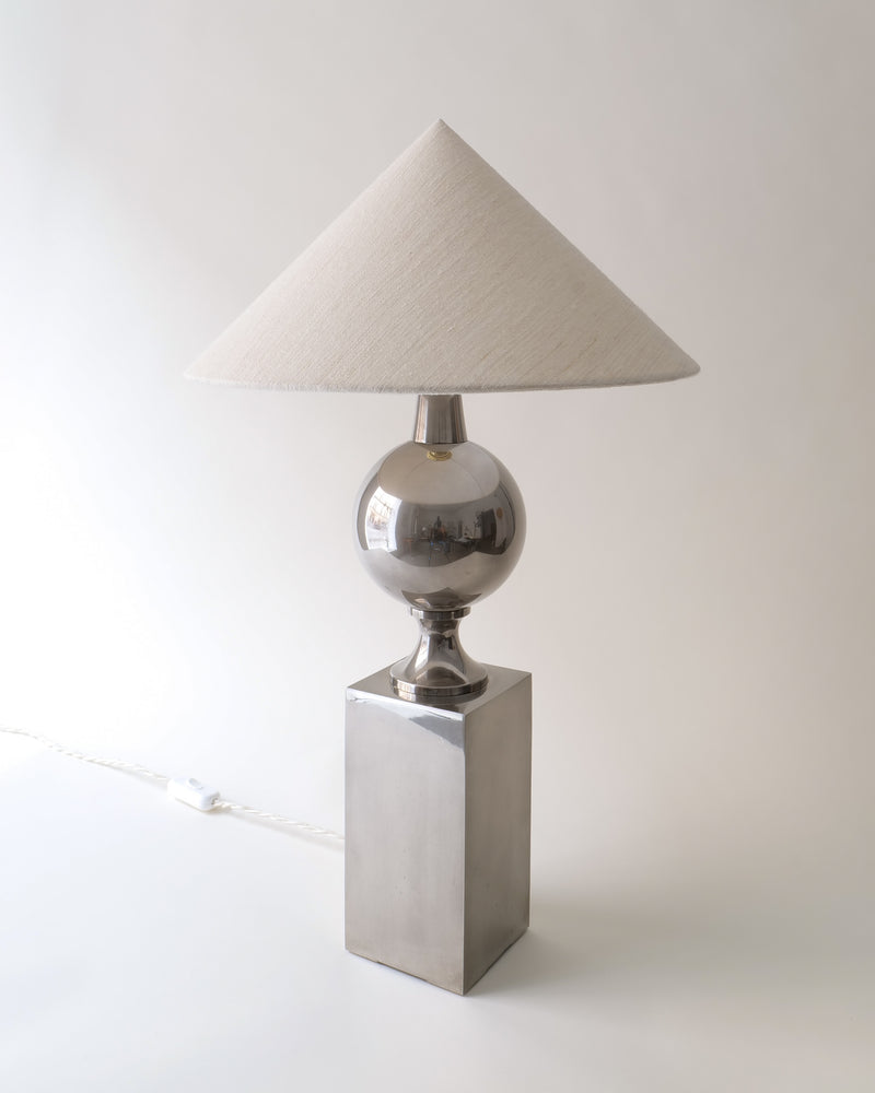 Philippe Barbier Chrome Table Lamp 1970 — close-up of chrome base and fabric shade