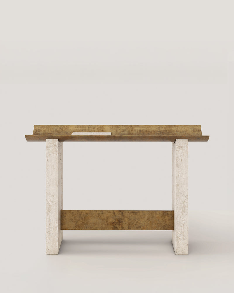 Brut console with white stone legs and wood top by Buket Hoscan