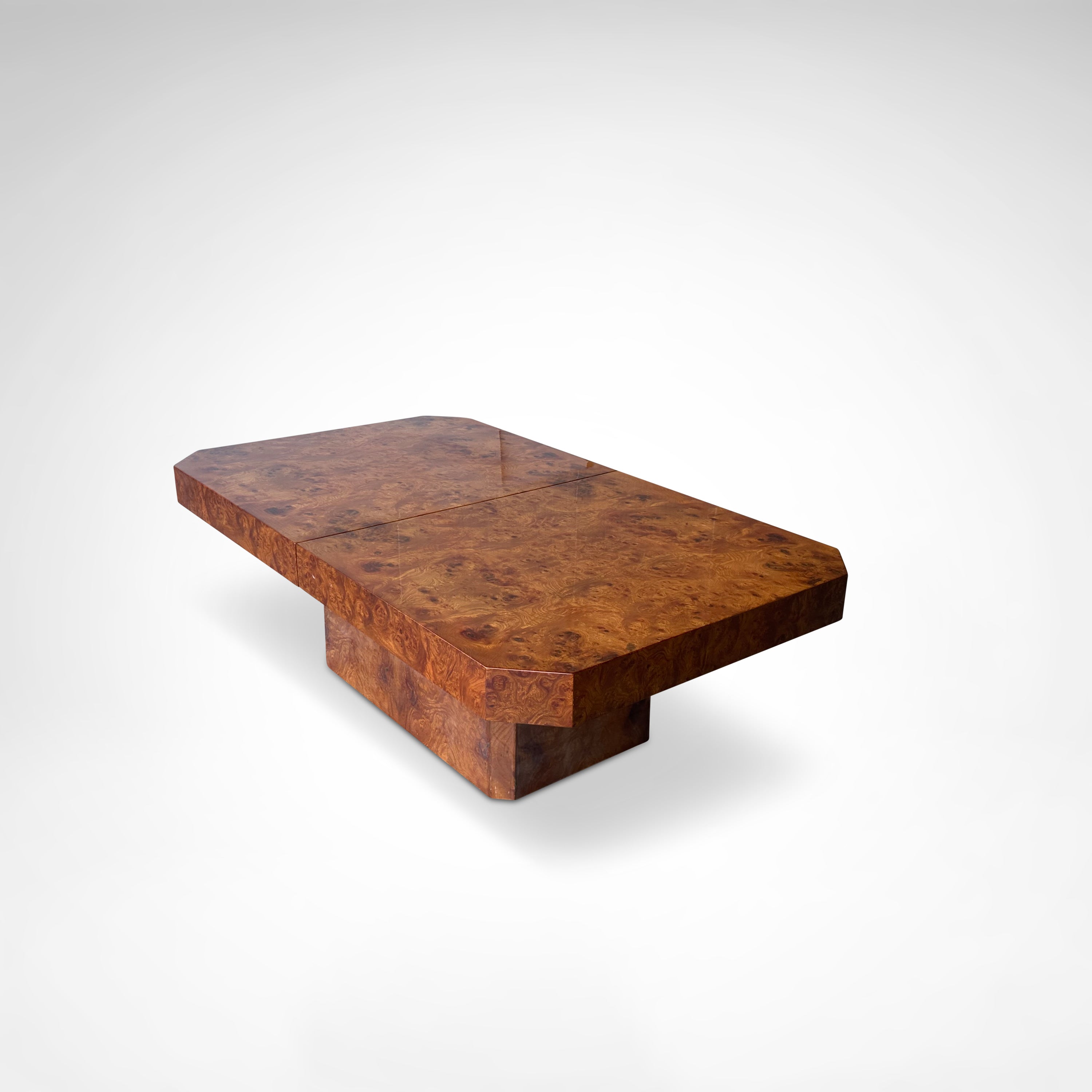 Burl wood coffee table with bar by Maison Lancel France 1980s — side angle highlighting rich wood grain