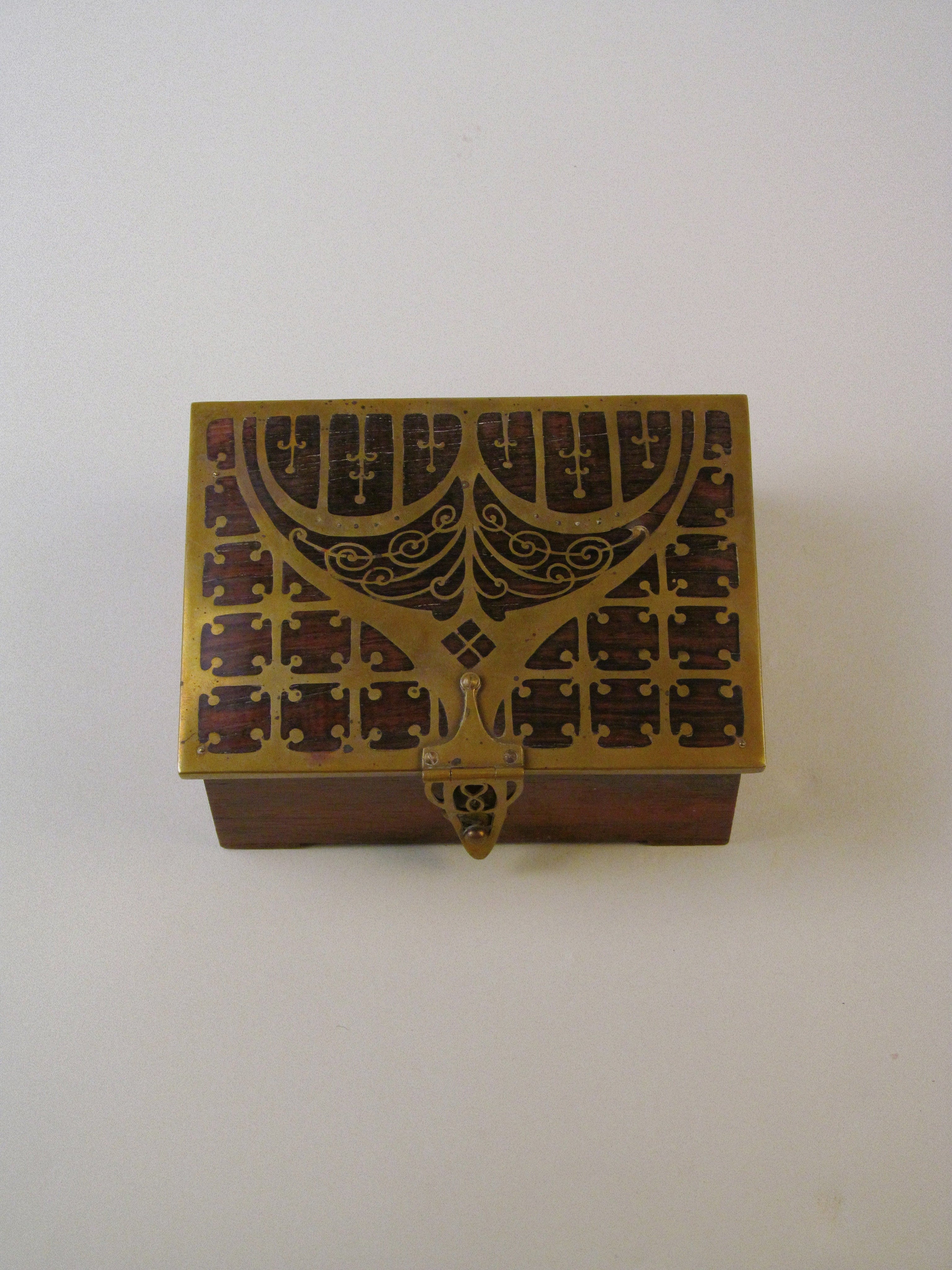 Seccessionist Cigar Box c.1910 With Contents — top view of wooden box with brass detailing