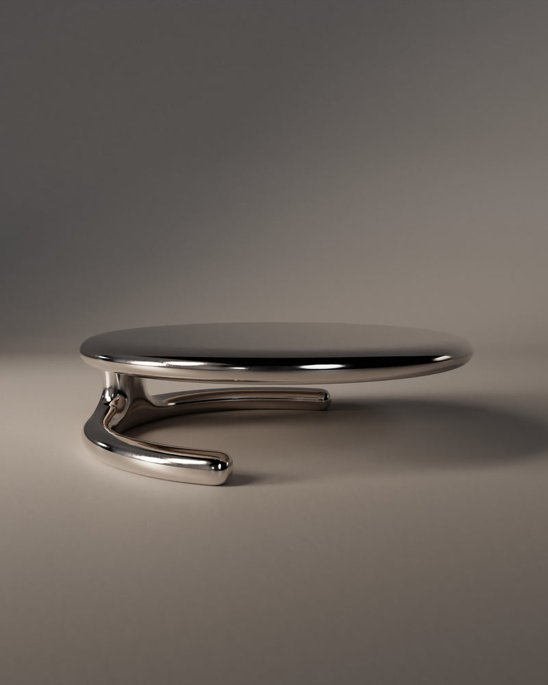Modern aluminum low table with curved spiral base and black top