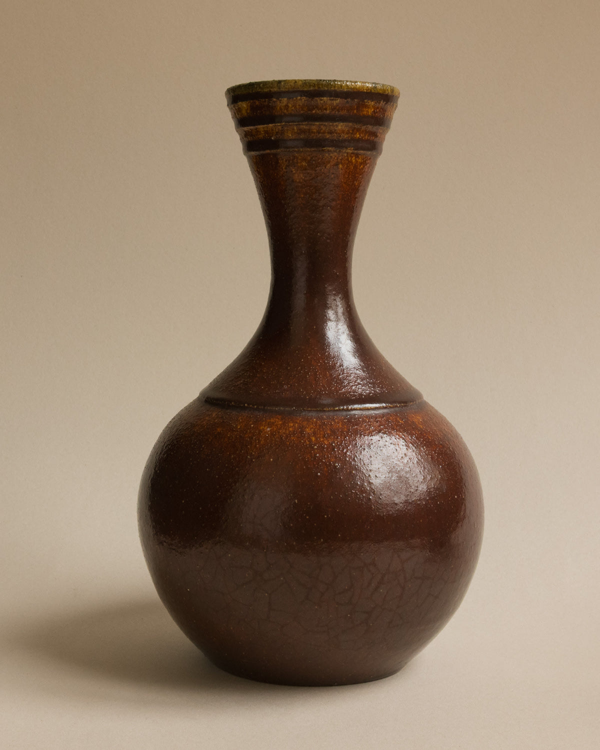 Large Accolay Potters Brown Glazed Ceramic Vase | Burgundy, France - c. 1960s — close-up