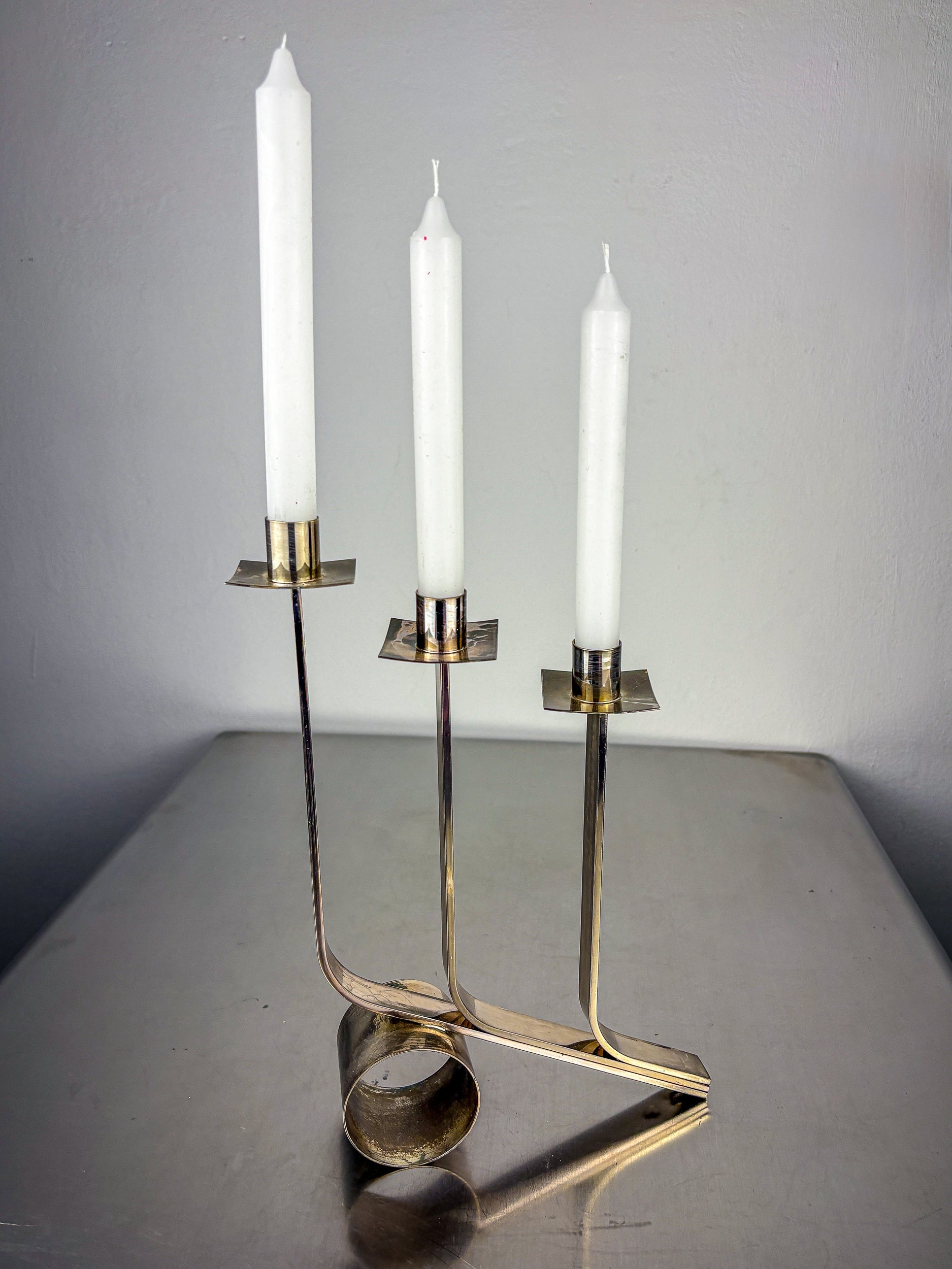 Art Deco 3-Flame Candelabra in Stainless Steel, France Circa 1970s — detail view