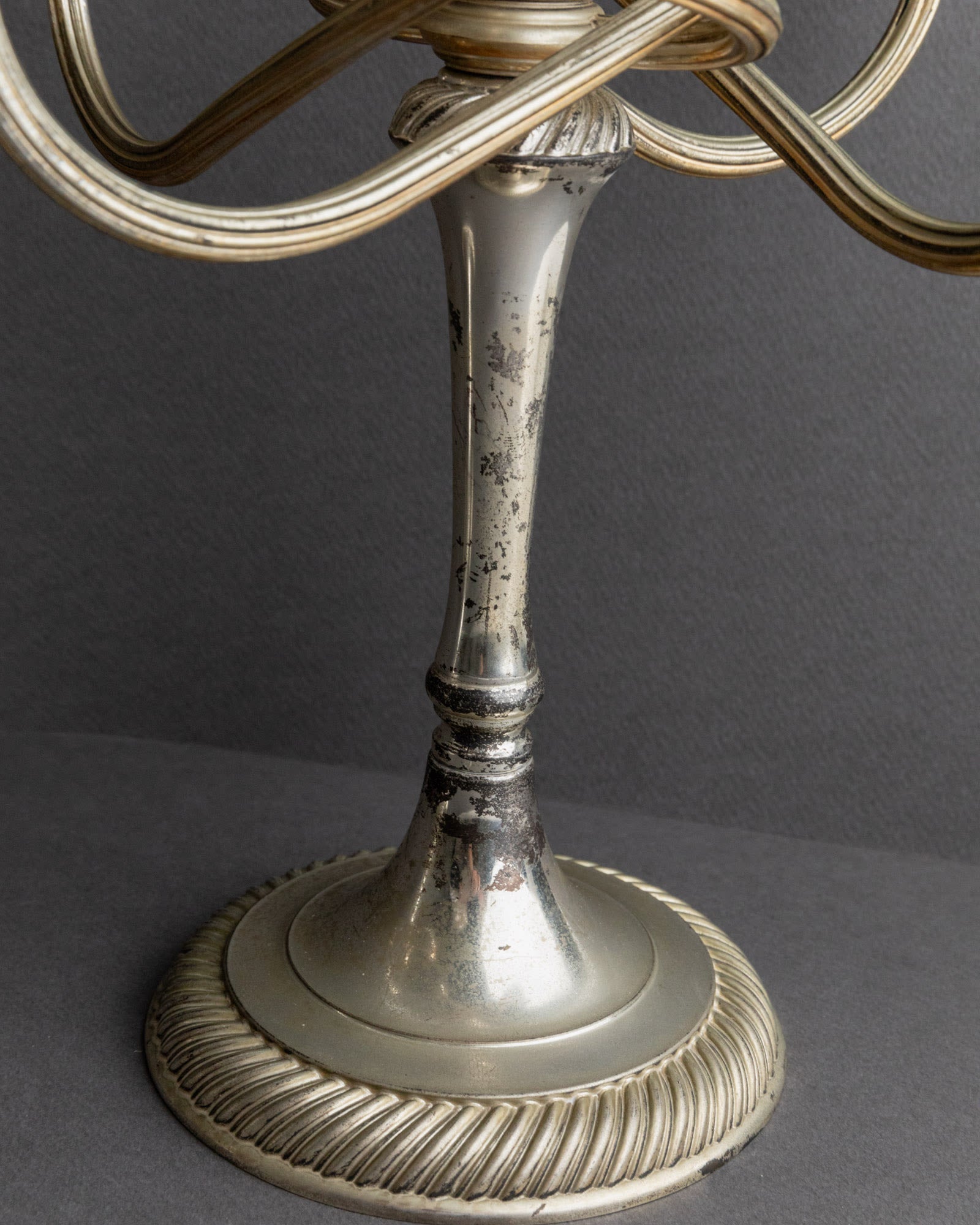Vintage 1950s Silver Plated Candleholders, Set of 2, Large Five Arm Curved Design — back view of base showing detailed silver
