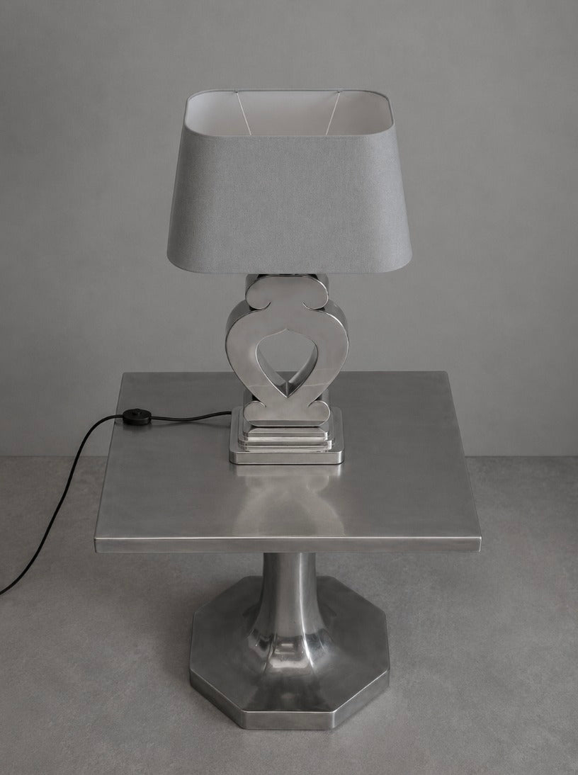 1980s Netherlands Table Lamp in Fabric and Heavy Cast Aluminum — close-up