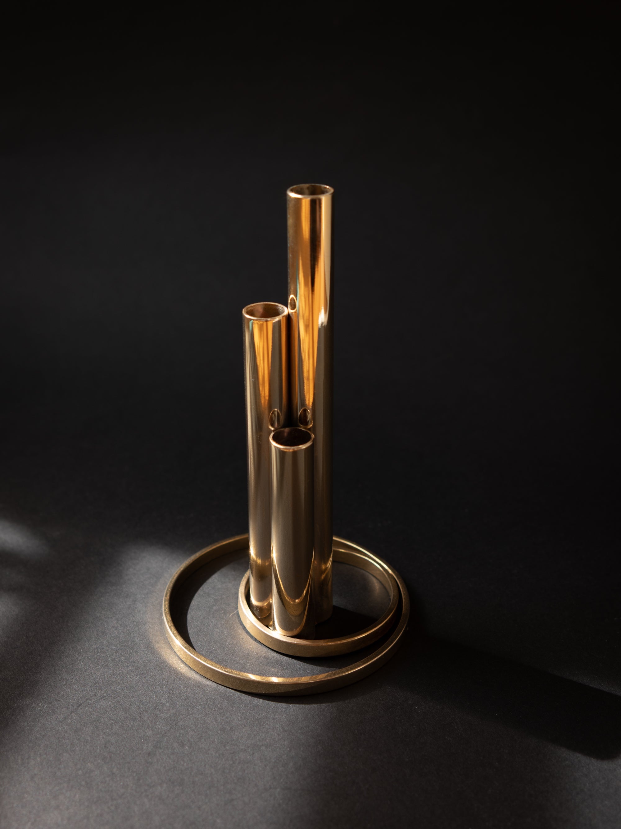Italian 24kt Gold-Plated Soliflore Vase — Modernist Triple Tube Design, c. 1970s — detail view