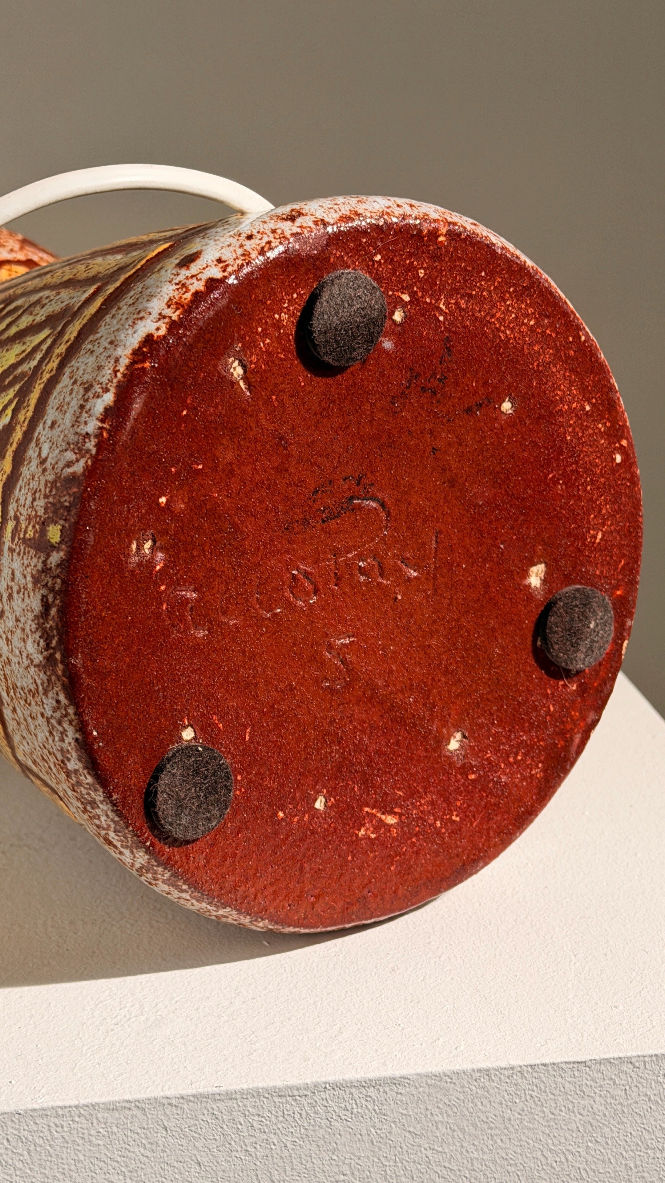 Rare ceramic lamp by the Accolay potters, France, circa 1960 — bottom view showing signature and felt pads