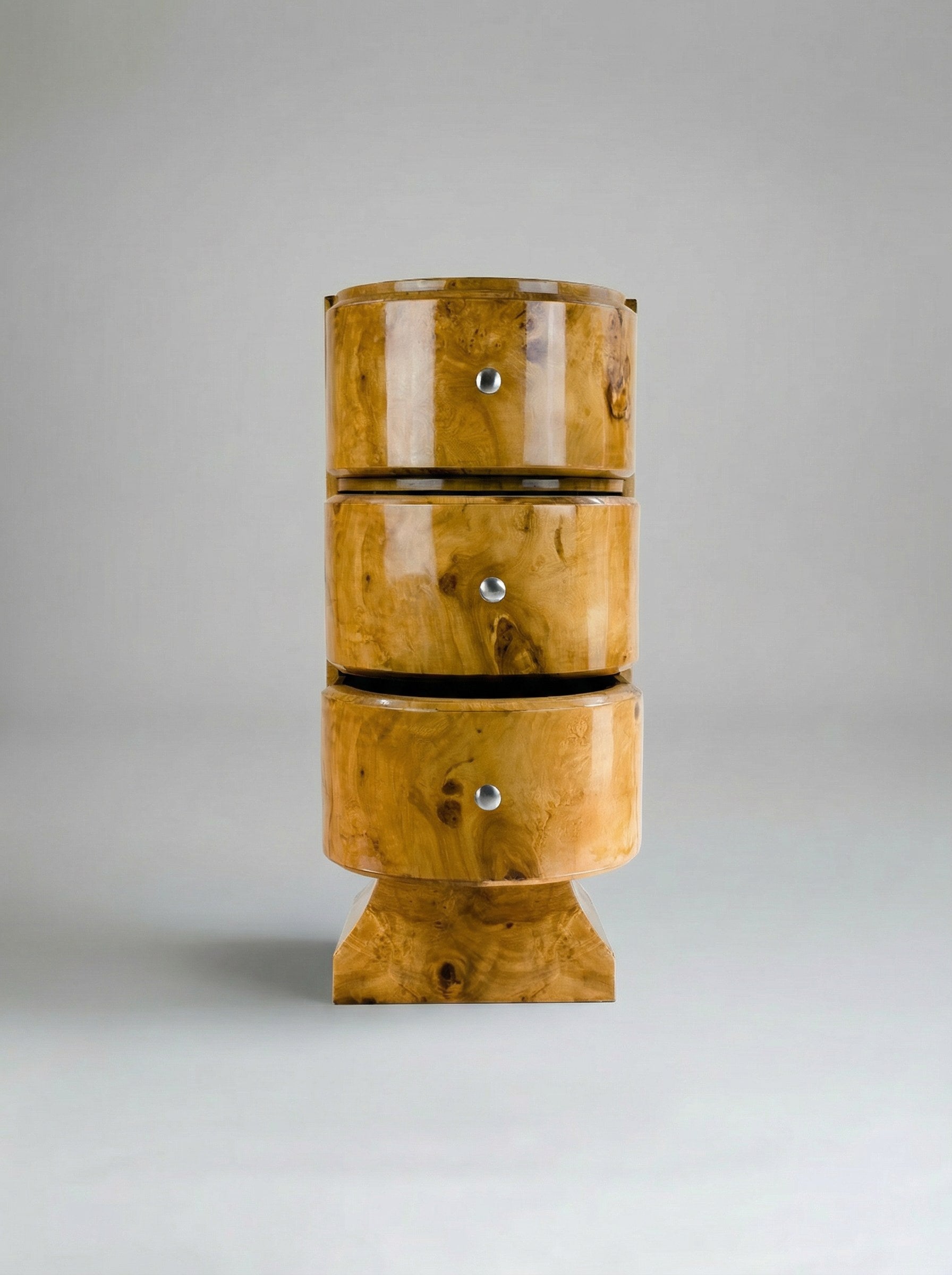 Jumeaux Grand' Olive Burl Wood Side Table — front view highlighting three curved drawers