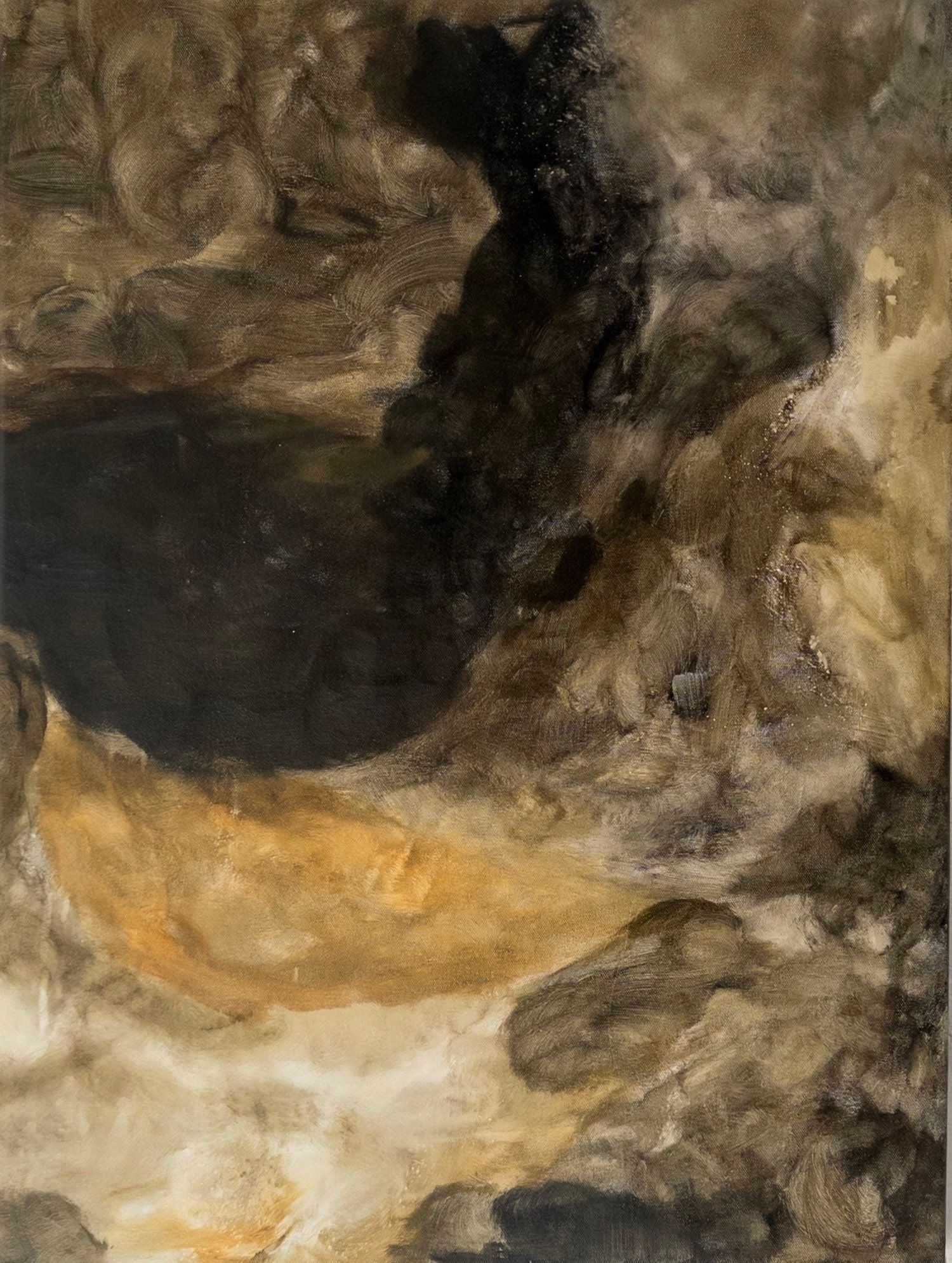 “Bodies Entwined I” by Natasha France is an original mixed media on canvas featuring swirling dark brown, black, and tan tones with a soft golden-yellow area that adds warmth and depth to this striking contemporary artwork.
