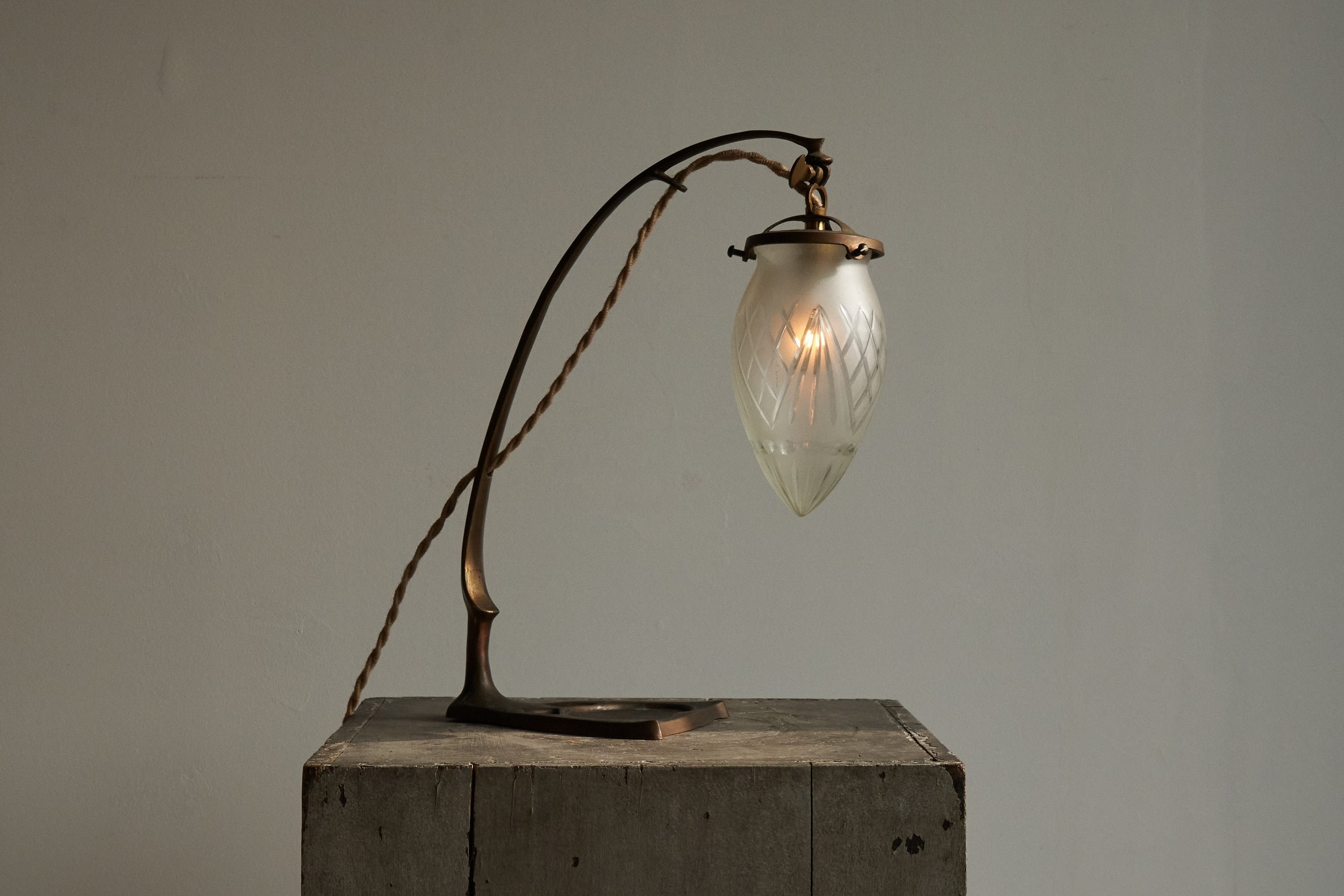 Art Nouveau Table Lamp in Sand Cast Brass and Etched Glass 1920s — lifestyle setting