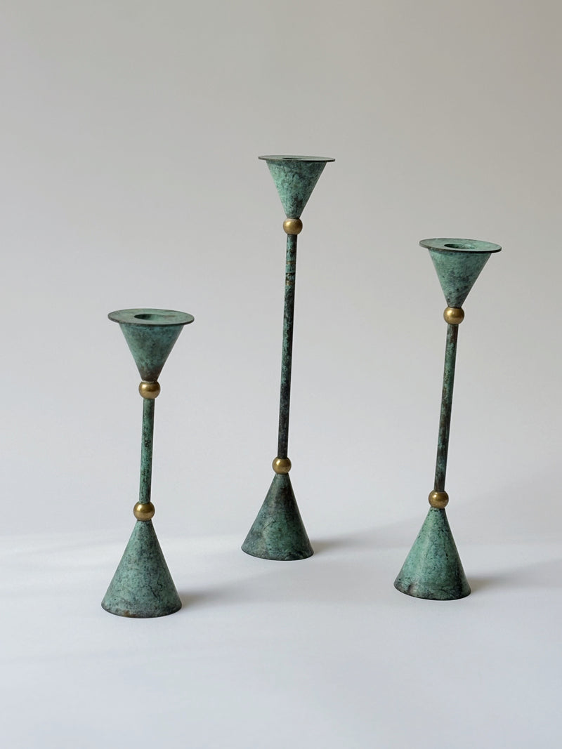 Set of 3 Postmodern Candleholders by Huerto | The Oblist — green patina finish, modern design